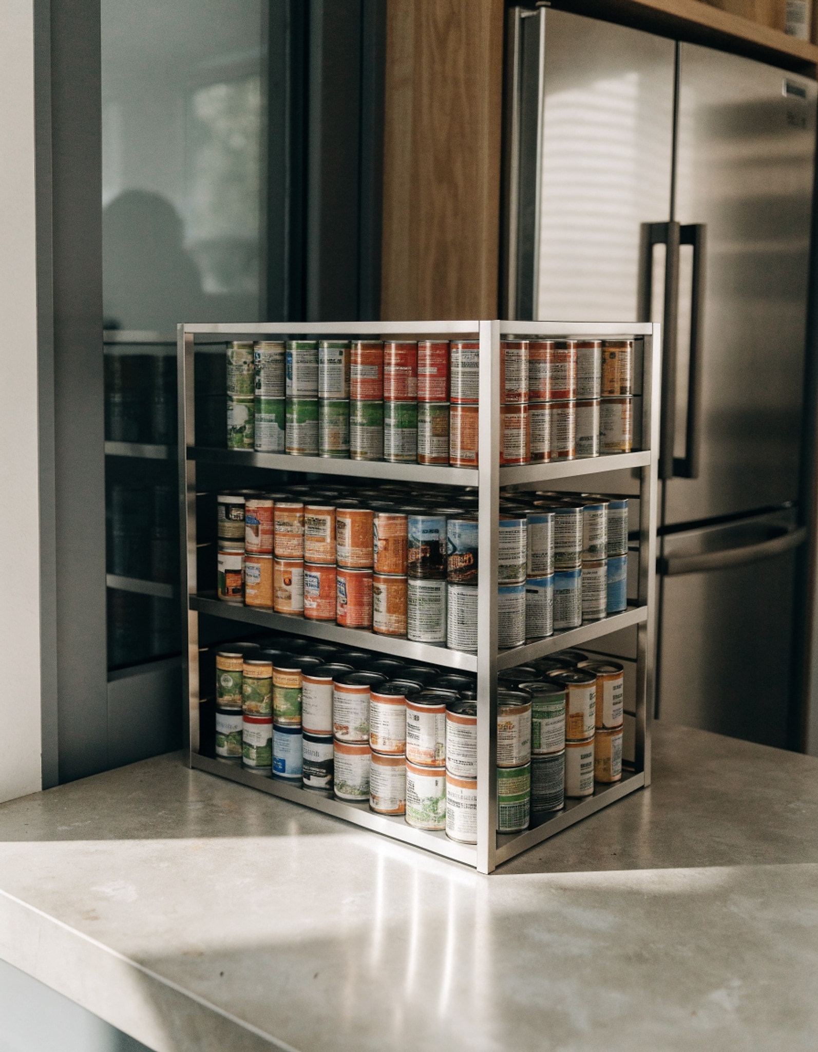 Illustrative visual for Simple Houseware 3-Tier Stackable Can Organizer Rack Hold 36 Cans, Silver