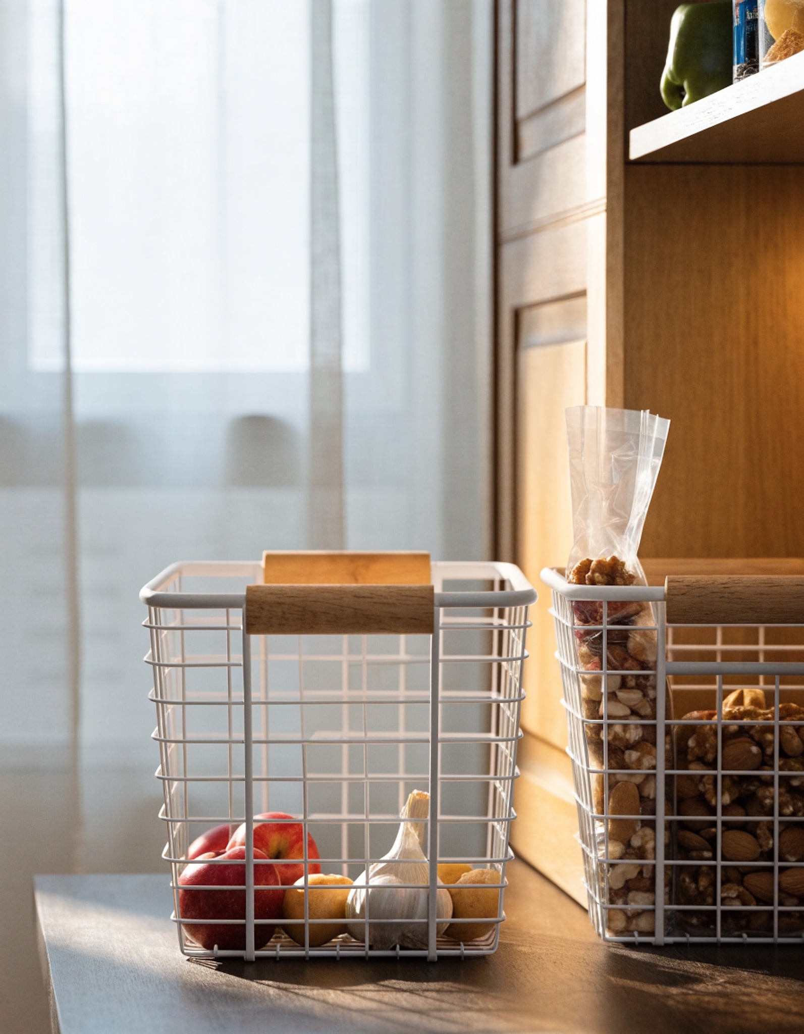 Illustrative visual for LeleCAT white wire baskets with Wooden Handles Storage Organizer Baskets, Household Refrigerator for Cabinets, Pantry, Closets, Bedrooms, kitchen - Set of 2(White)