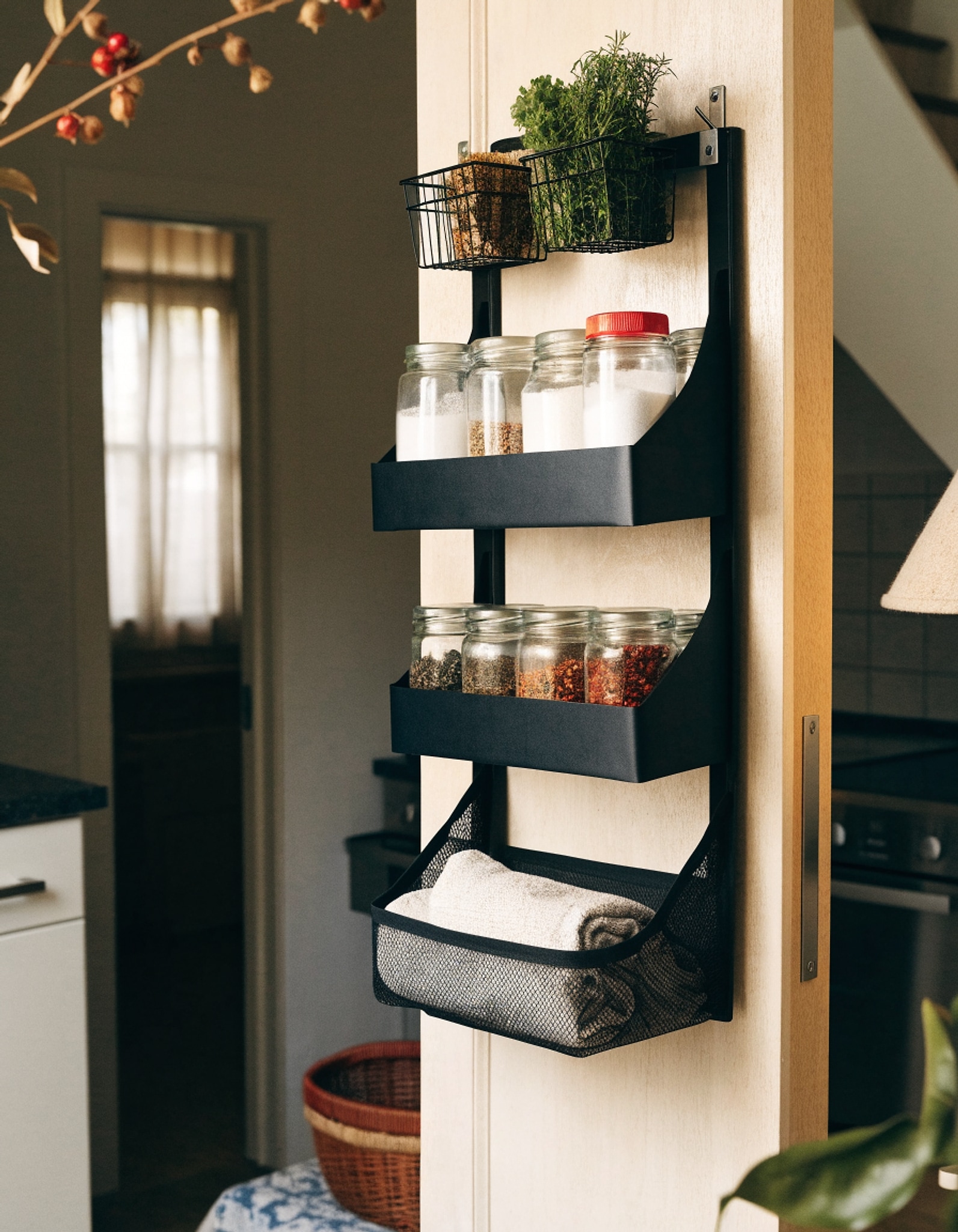 Illustrative visual for Moforoco Over The Door Pantry Organizer, Pantry Door Organizer Shelves, Kitchen Organizers and Storage, Hanging Basket Wall Spice Rack Seasoning Shelves, Laundry Room accessories (Black)