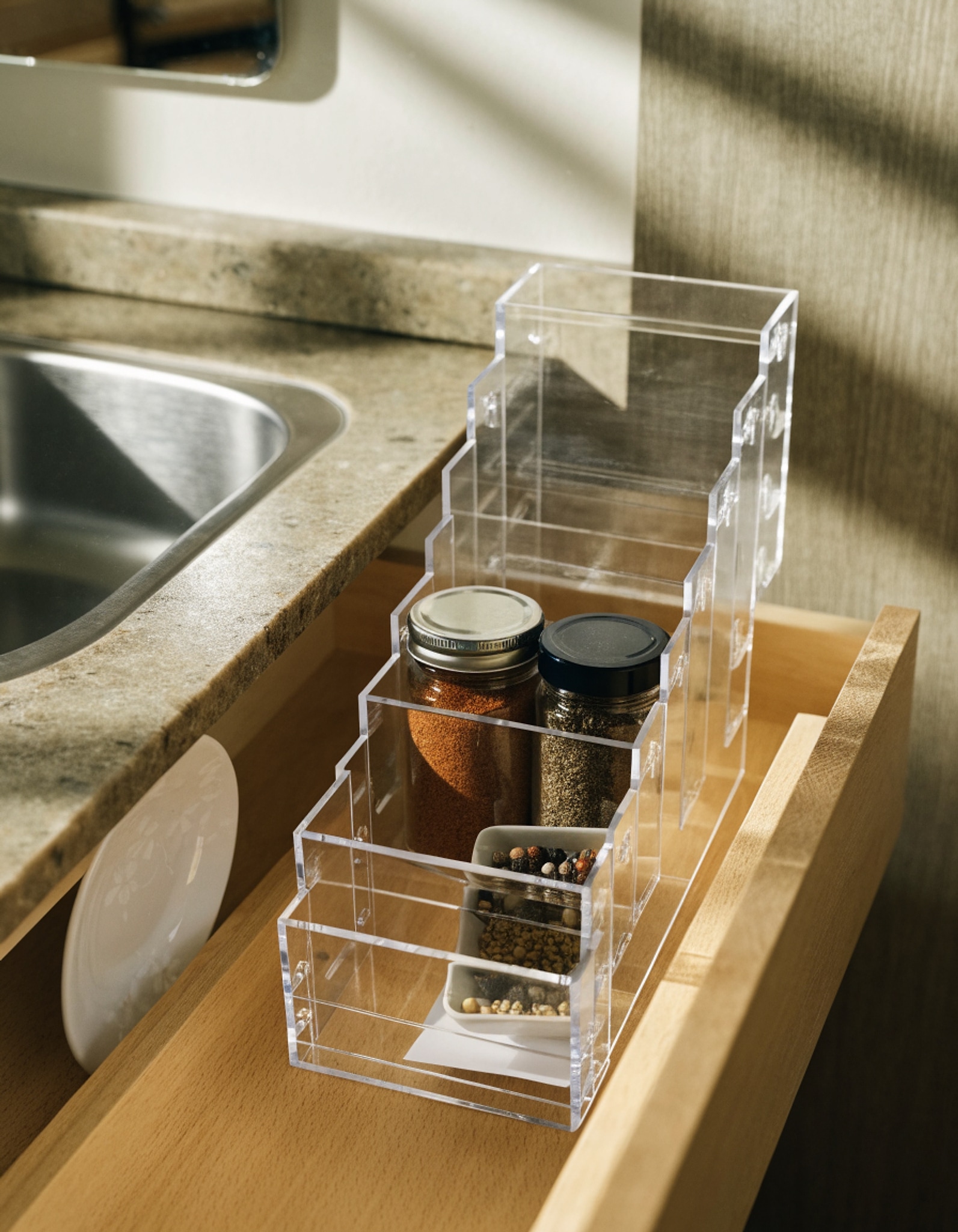 Illustrative visual for PanPanPal Spice Drawer Organizer, 4 Tier- 4 Pack Clear Acrylic Drawer Seasoning Organizer, Expandable From 11'' to 22'' Kitchen Spice Rack Organizers and Storage for Drawer (Jars not included)