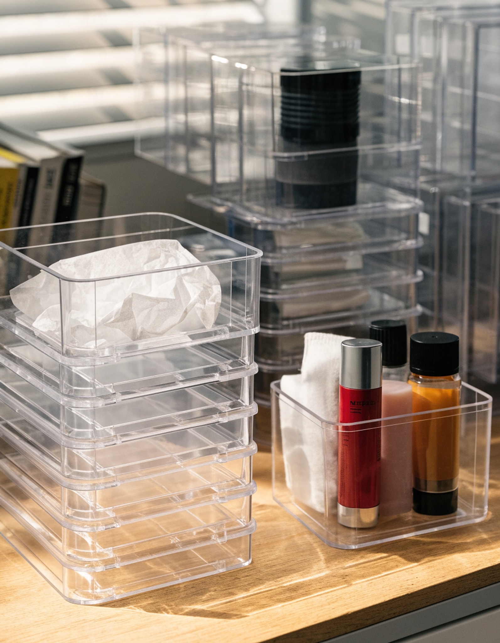 Illustrative visual for 6 Pack Drawer Organizers, Plastic Clear Acrylic Non Slip Non Cracking kitchen drawer organizer Stackable Bathroom Drawer Organizer Trays, Storage Bins for Makeup, Bathroom, Kitchen Office