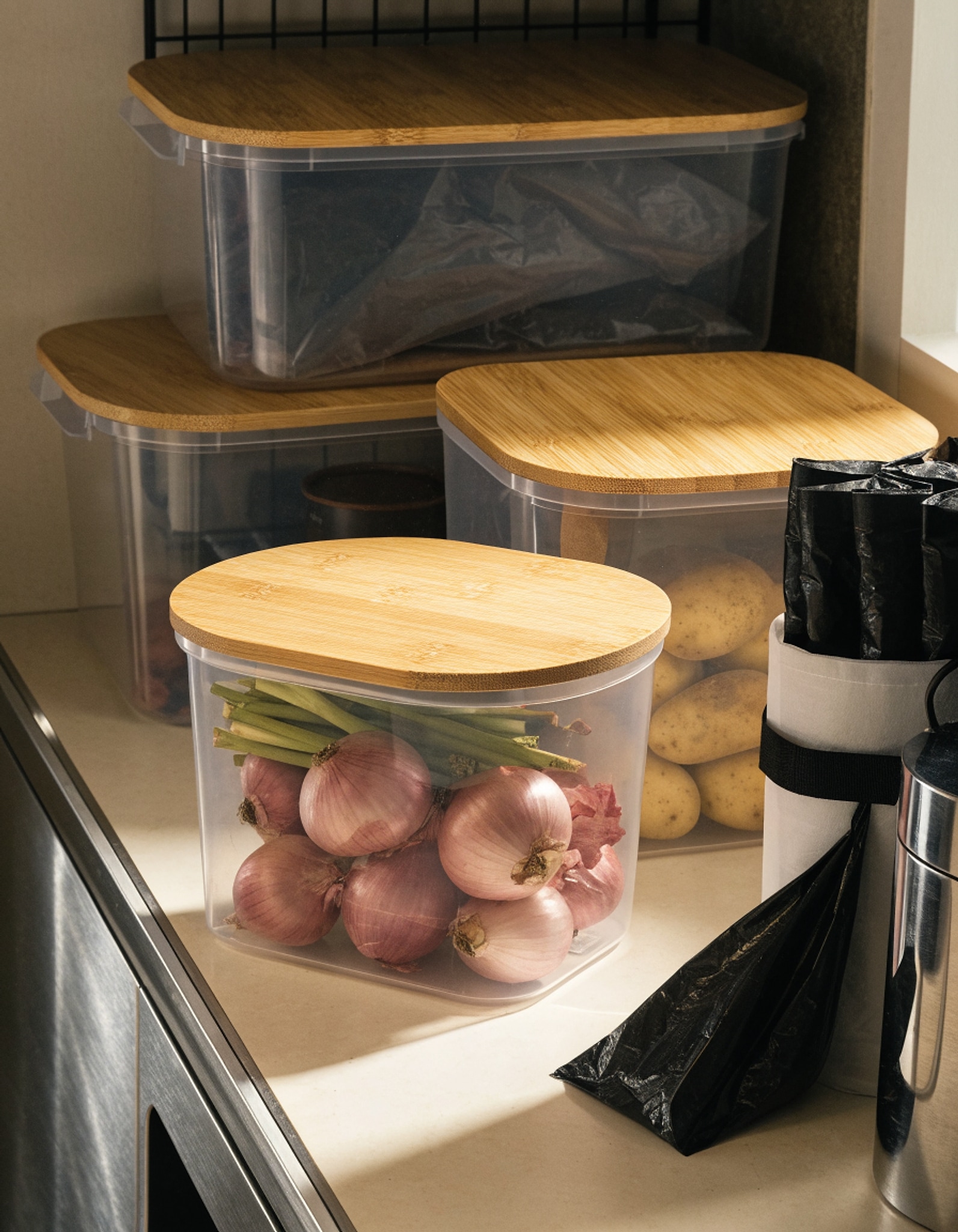 Illustrative visual for 4 Pack Clear Storage Bins with Bamboo Lid, Garbage Bag Dispenser, Pantry Organizers and Storage for Onion Potato, Under Sink Organizer for Kitchen Laundry Room
