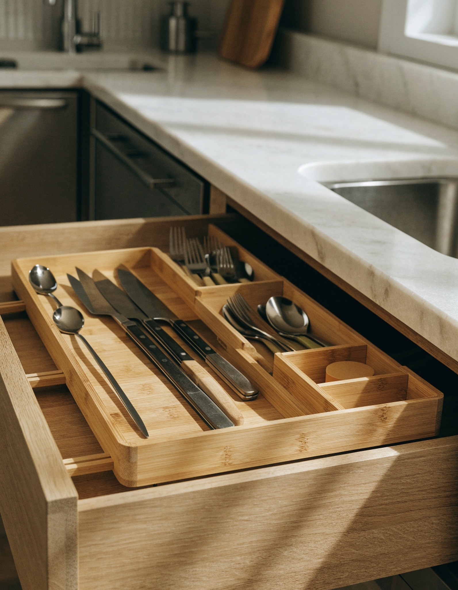 Illustrative visual for Utoplike Bamboo Expandable Kitchen Drawer Organizer, Large Utensils Tray