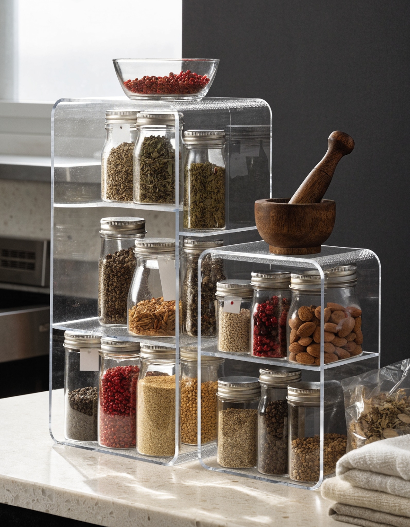 Illustrative visual for 2 Pack Spice Rack 3Tier Spice Pantry Kitchen Cabinet Organizer,Waterproof Step Display Stand Non-slip Lining Shelf Organization for Kitchen Countertop Bathroom