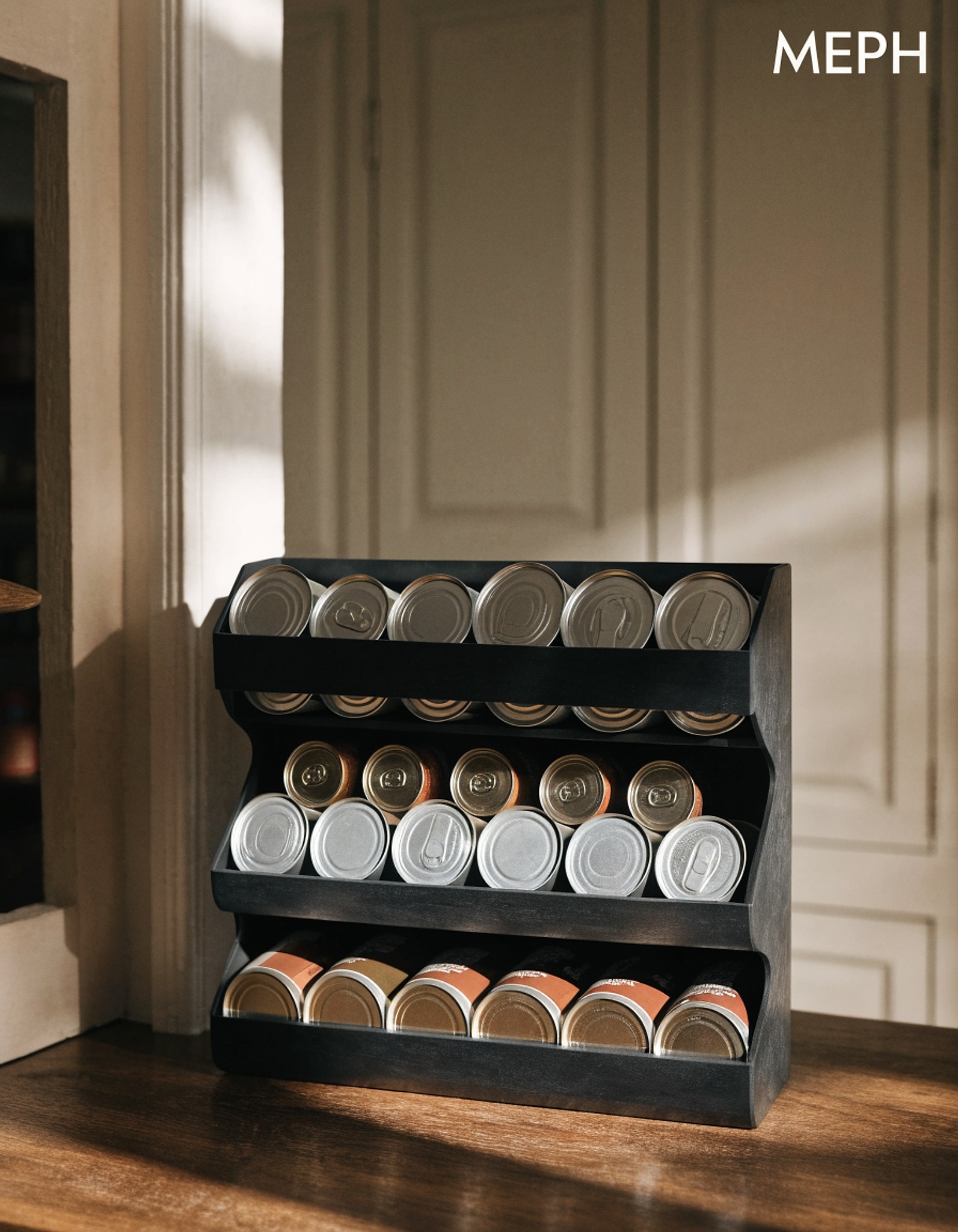 Illustrative visual for Kitchen Details 3 Tier Can Organizer | Canned Food Storage Rack | Kitchen Cabinet and Pantry Organization | Holds 36 Cans | Space Saving | Onyx