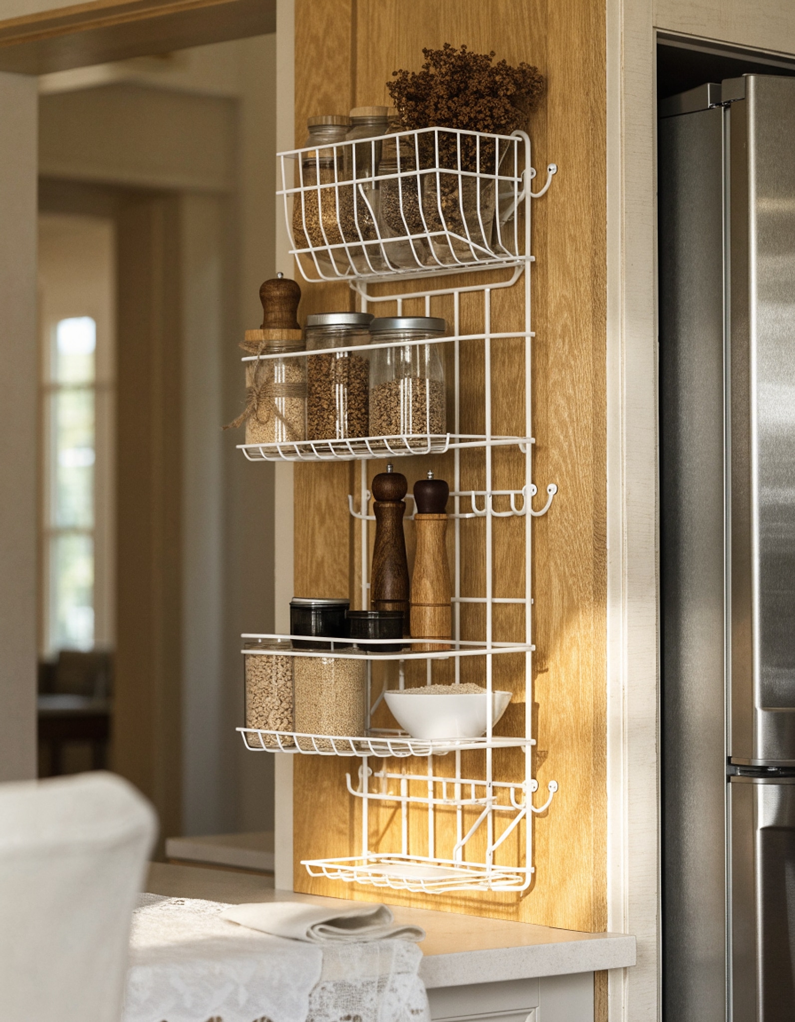 Illustrative visual for Moforoco Over The Door Pantry Organizer, Pantry Door Organizer Shelves, Kitchen Organizers and Storage, Hanging Basket Wall Spice Rack Seasoning Shelves, Laundry Room Bathroom accessories（White