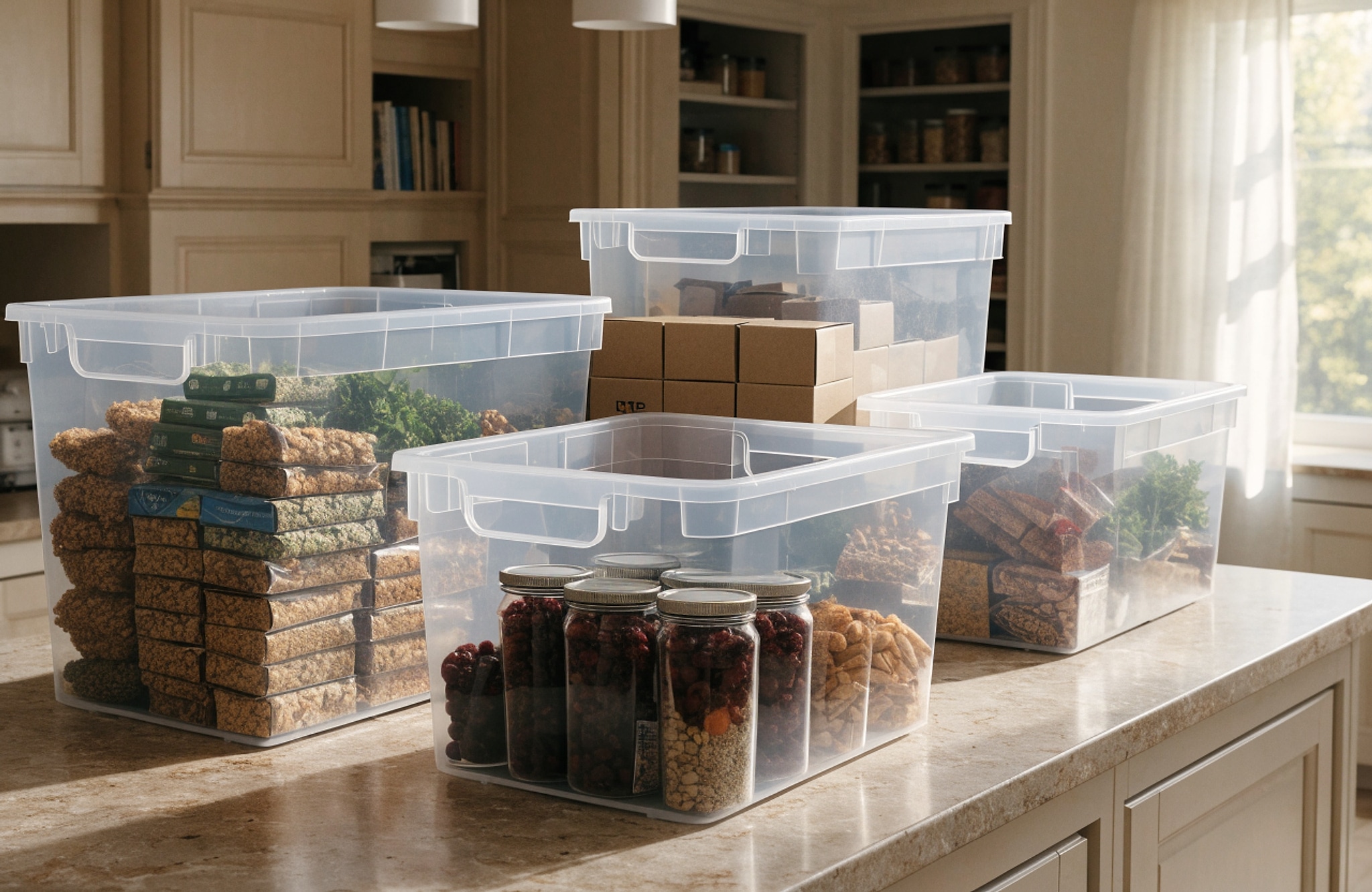 Illustrative visual for Vtopmart Clear Plastic Storage Bins for Pantry, 4 PCS Food Storage Containers with Handle for Cabinet, Kitchen, Countertops, Cupboard, Fridge, Pantry Organizers , Large