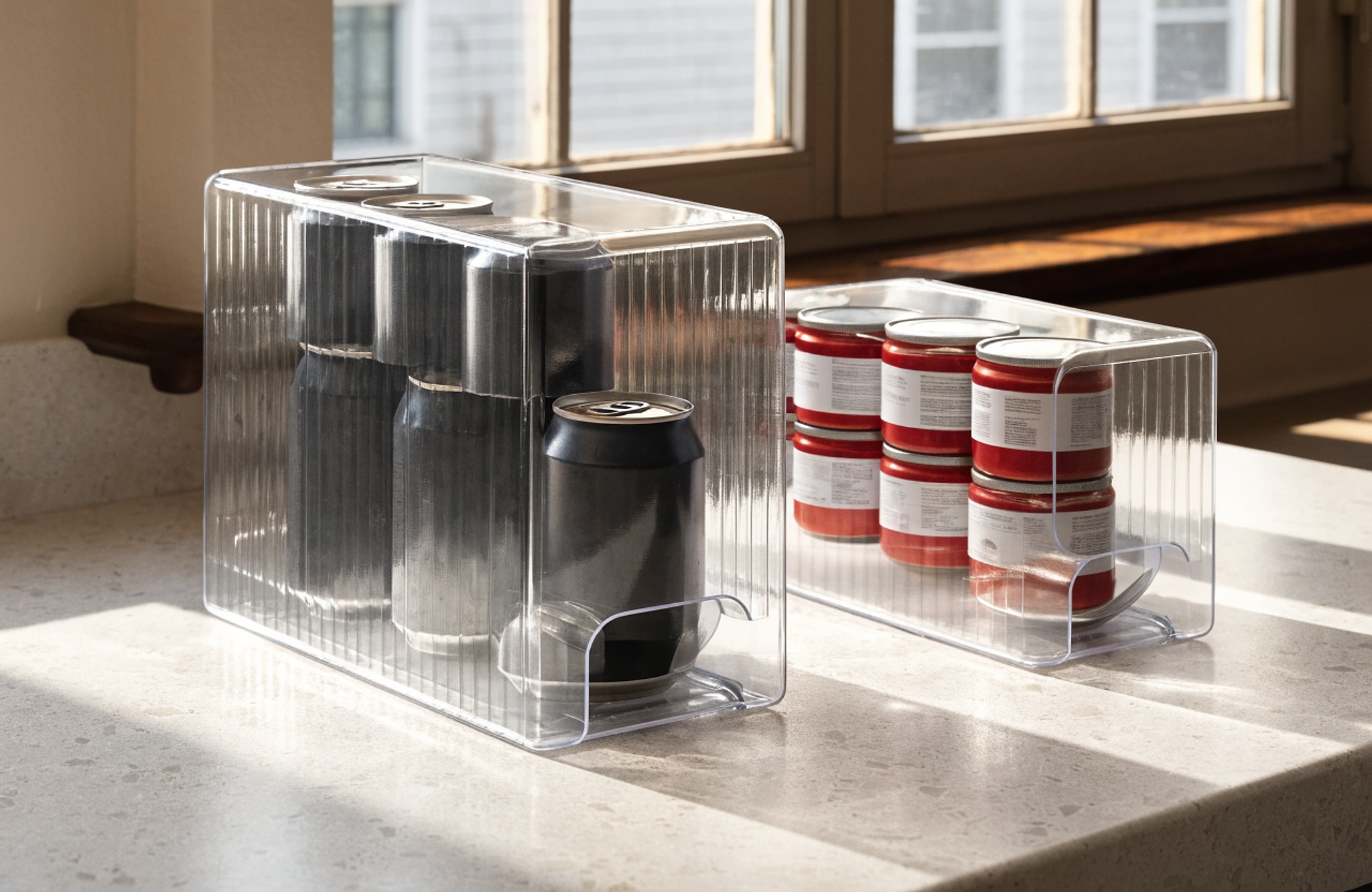 Illustrative visual for Amazon Basics Food and Drink Can Organizer for Fridge or Pantry, 2-Piece Set, Self-Dispensing, Transparent Sides, non-stackable