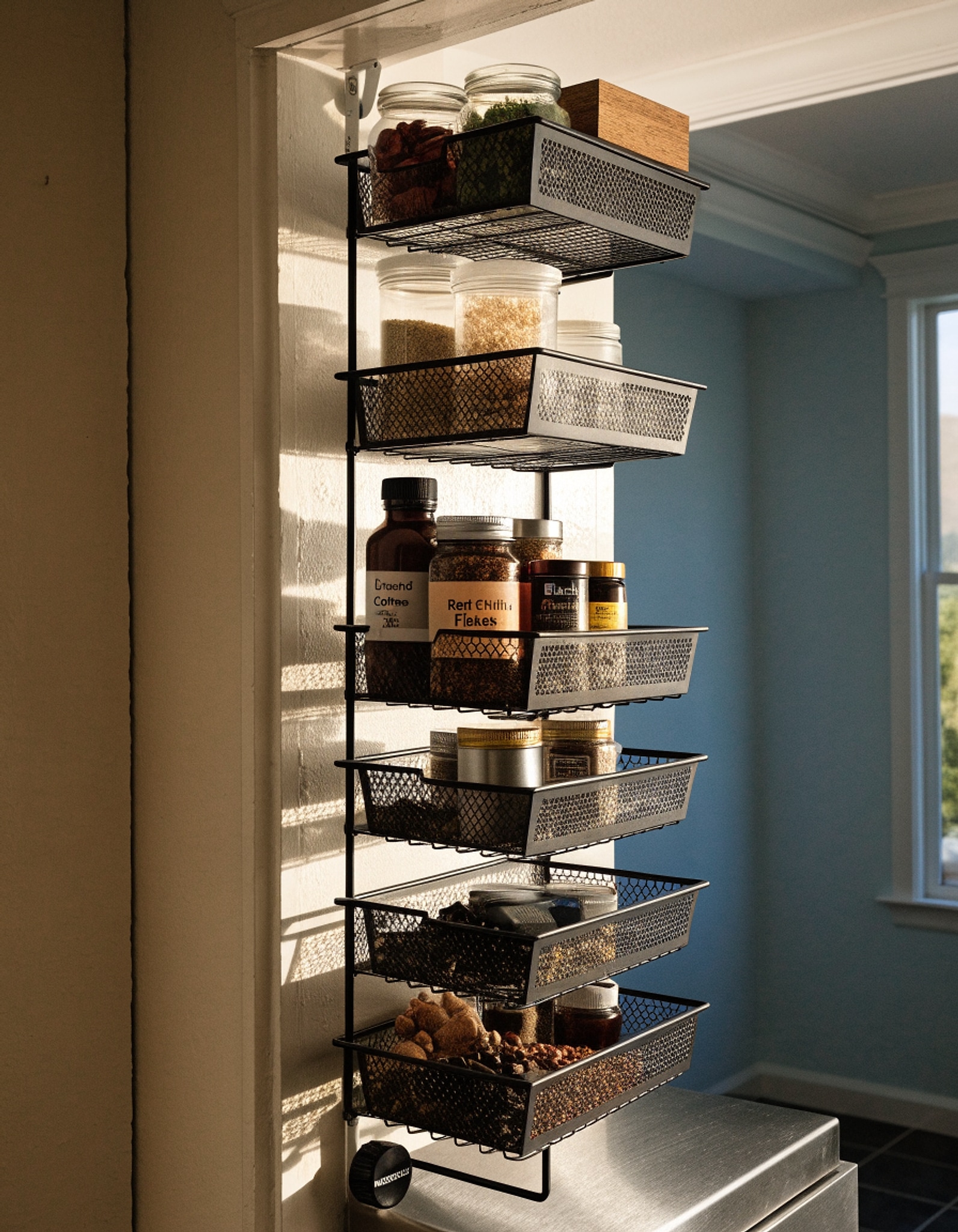 Illustrative visual for MSERCUOR 9-Tier Over The Door Pantry Organizer Rack,Adjustable Metal Basket Spice Rack Seasoning Shelves, Hanging Spice Rack for Pantry Door, Kitchen Laundry Fit Wider Door (9 Tier Black)