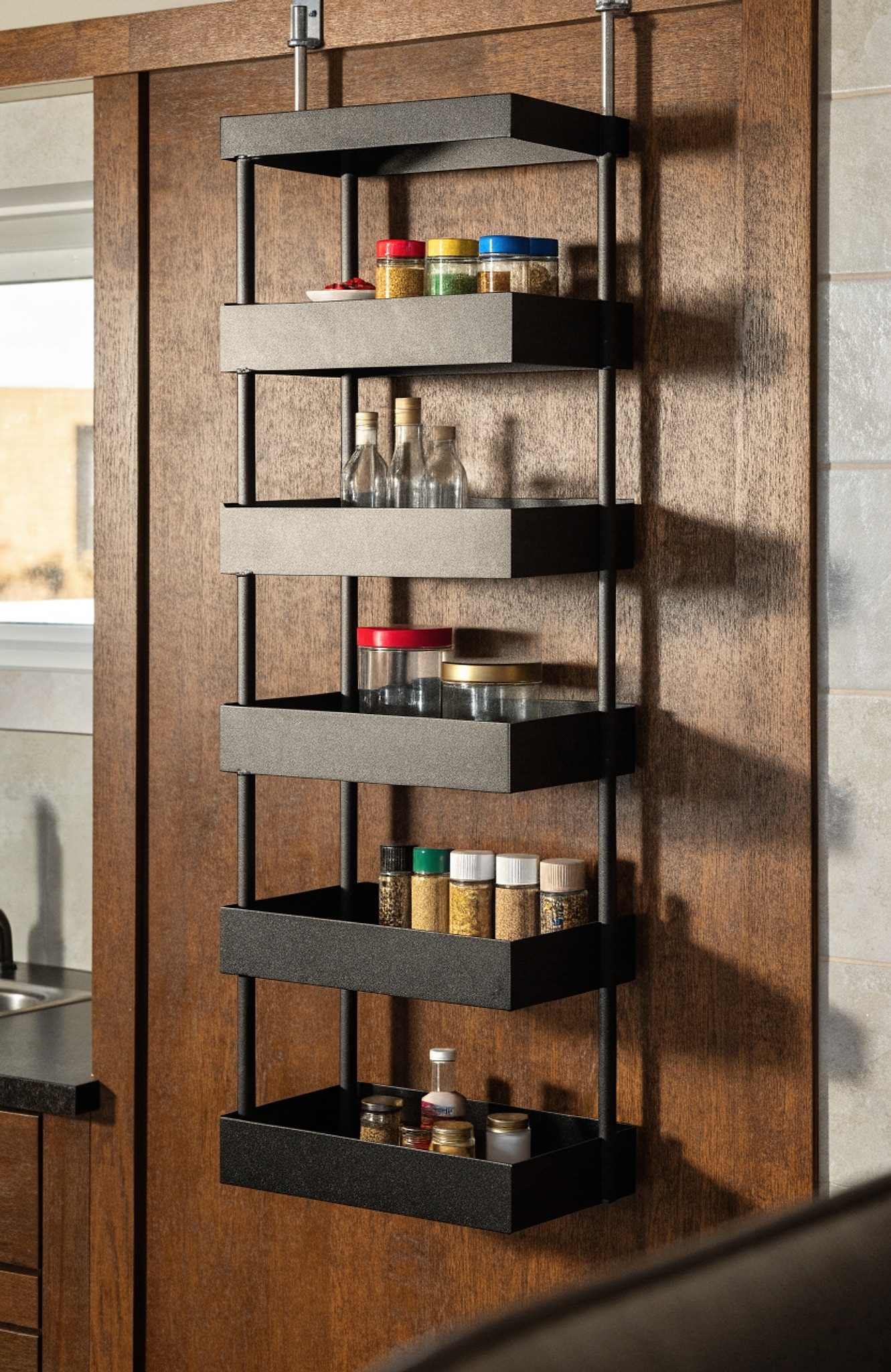 Illustrative visual for Delamu Over the Door Pantry Organizer, 6 Tier Pantry Organizers and Storage, Metal Cabinet Door Organizer, Hanging Spice Rack Shelves for Home & Kitchen, D4.65xW18xH50inch, Black