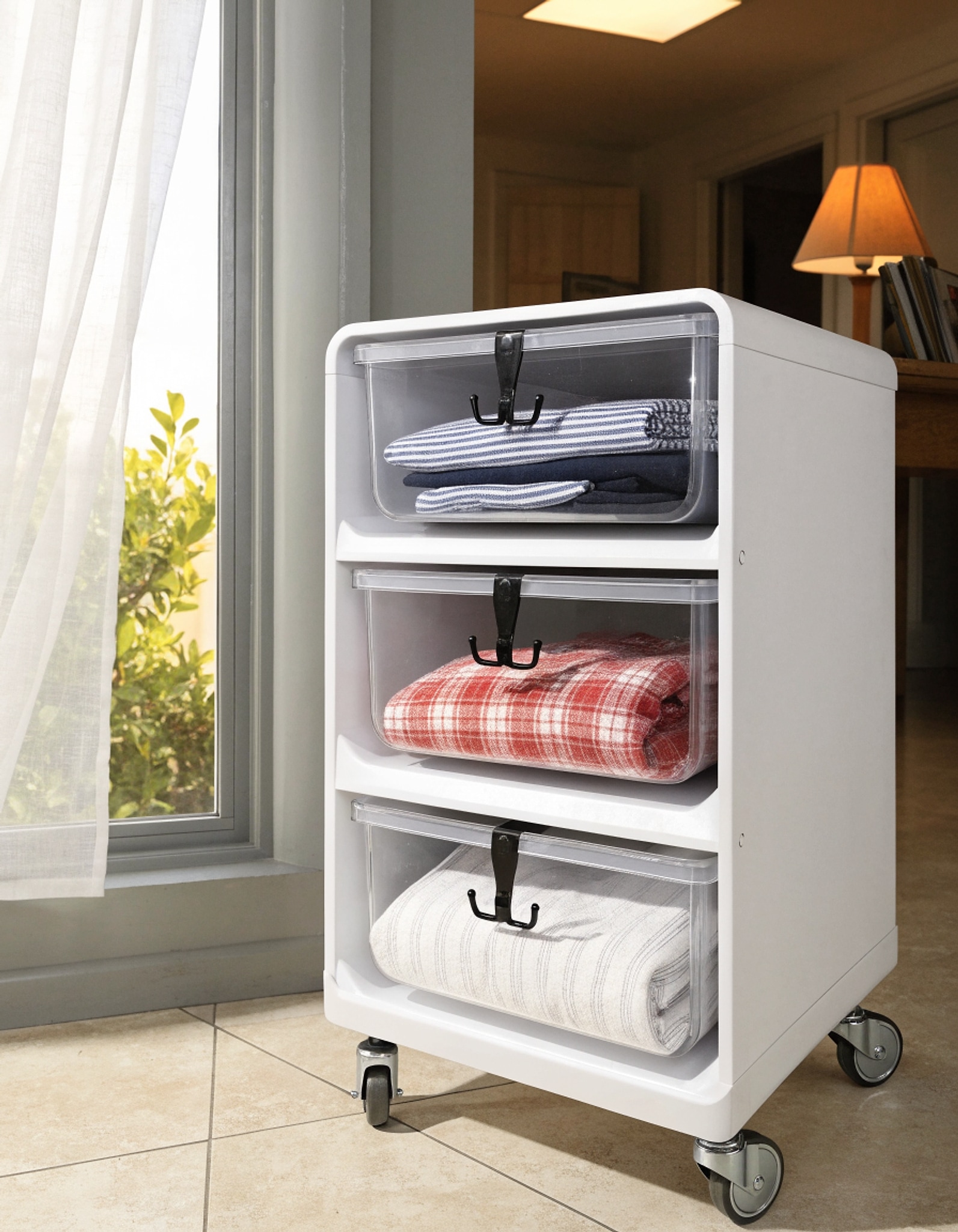 Illustrative visual for Sterilite 28308001K 3-Drawer Rolling Caster Wheel Home Organizer Storage Cart with Durable Plastic Frame, Clear Drawers, White