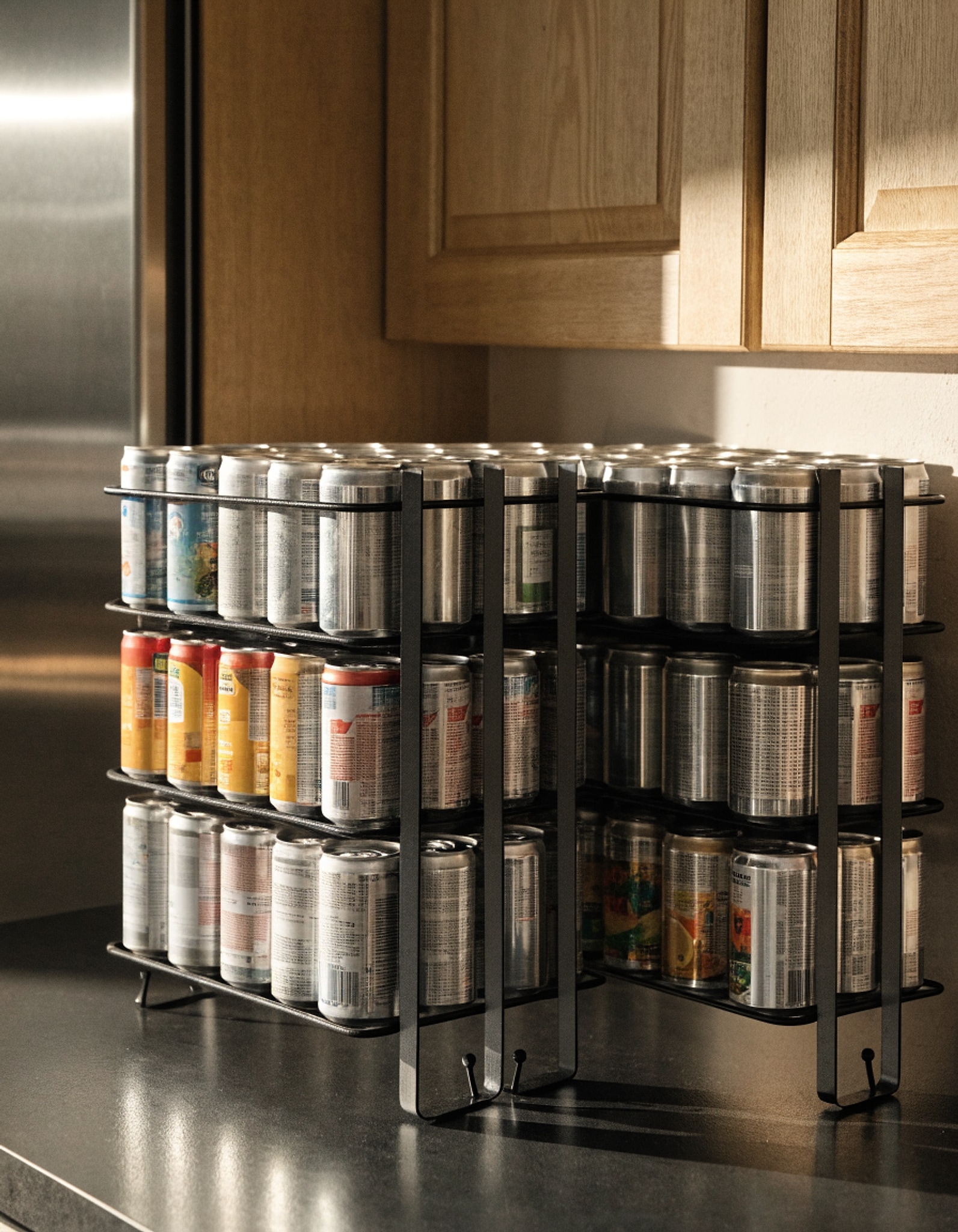 Illustrative visual for 2 Pack 3 Tier Can Organizer for Pantry, Heavy Duty Steel Canned Food & Soda Drink Storage Rack, Holds 72 Cans for Kitchen Cabinet, Countertop & Pantry Organization, Black