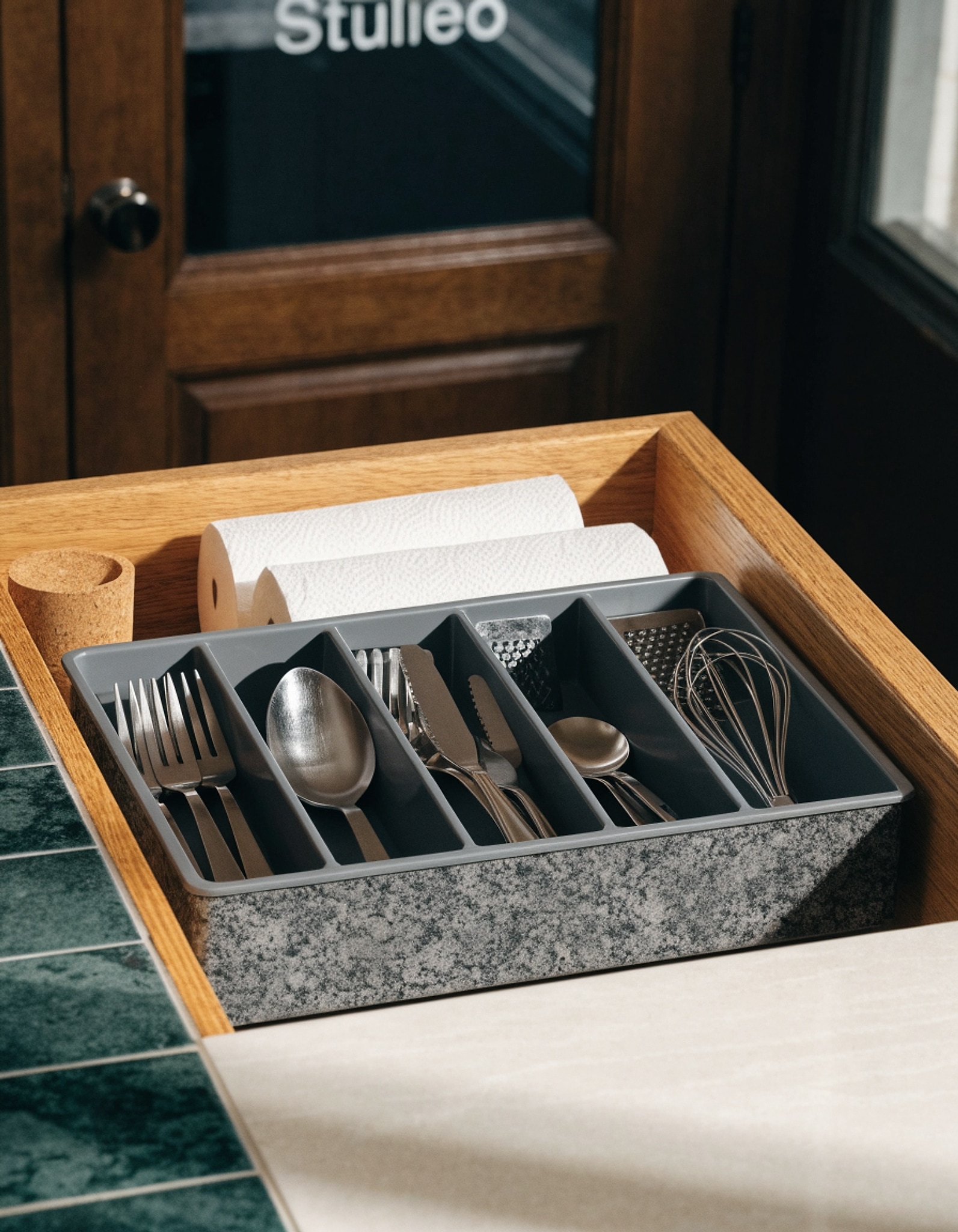 Illustrative visual for Madesmart Mini 5-Compartment Plastic Silverware Tray for Drawers, Cutlery and Utensil Tray Kitchen Drawer Organizer, Granite