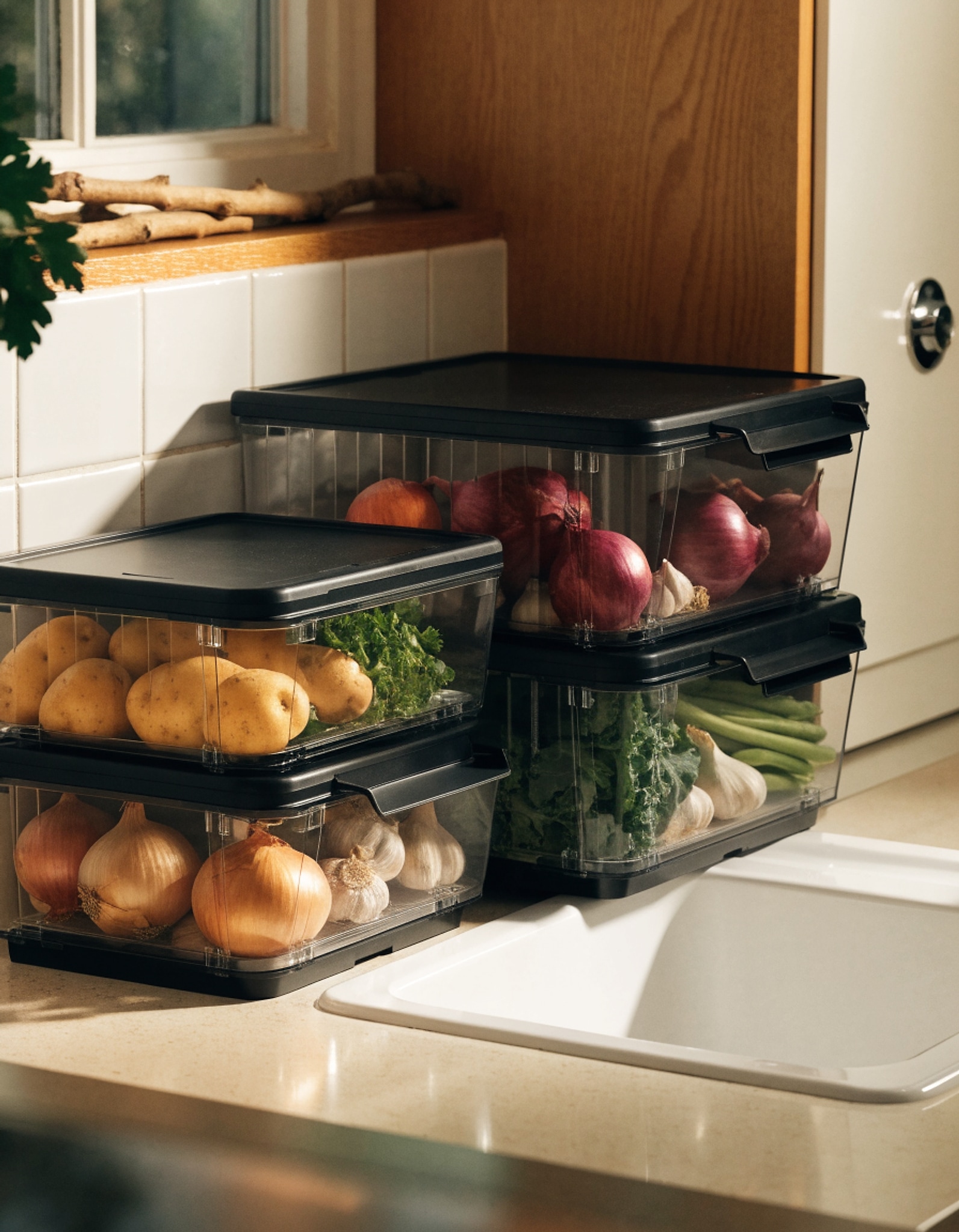 Illustrative visual for 2 Set Pantry Organizers and Storage - Stackable Pantry Storage Bin Containers for Potato, Onion, Garlic, Fruit, Vegetable, Produce - Clear Front Open Kitchen Under Sink Organizer with Lid