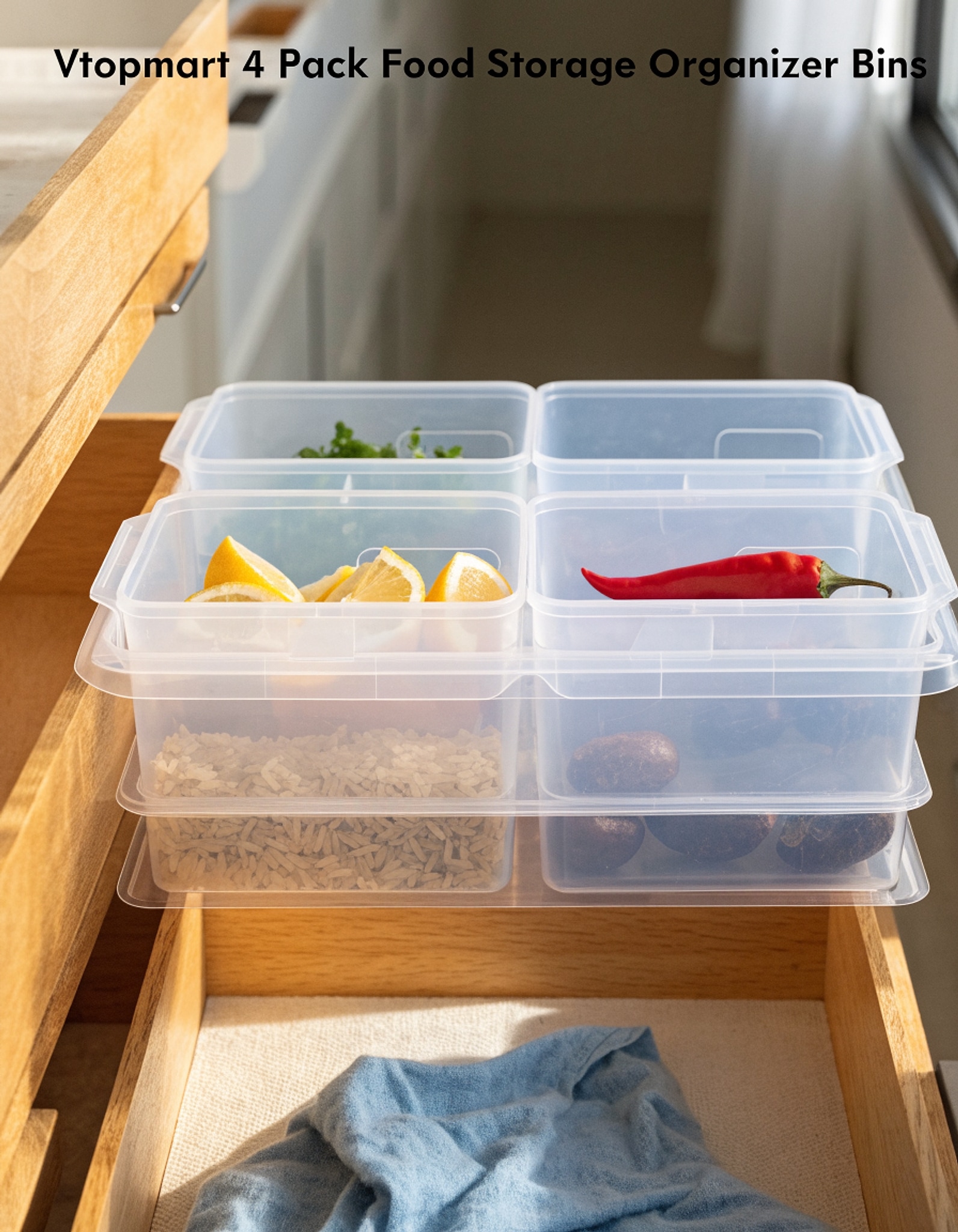 Illustrative visual for Vtopmart 4 Pack Food Storage Organizer Bins, Clear Plastic