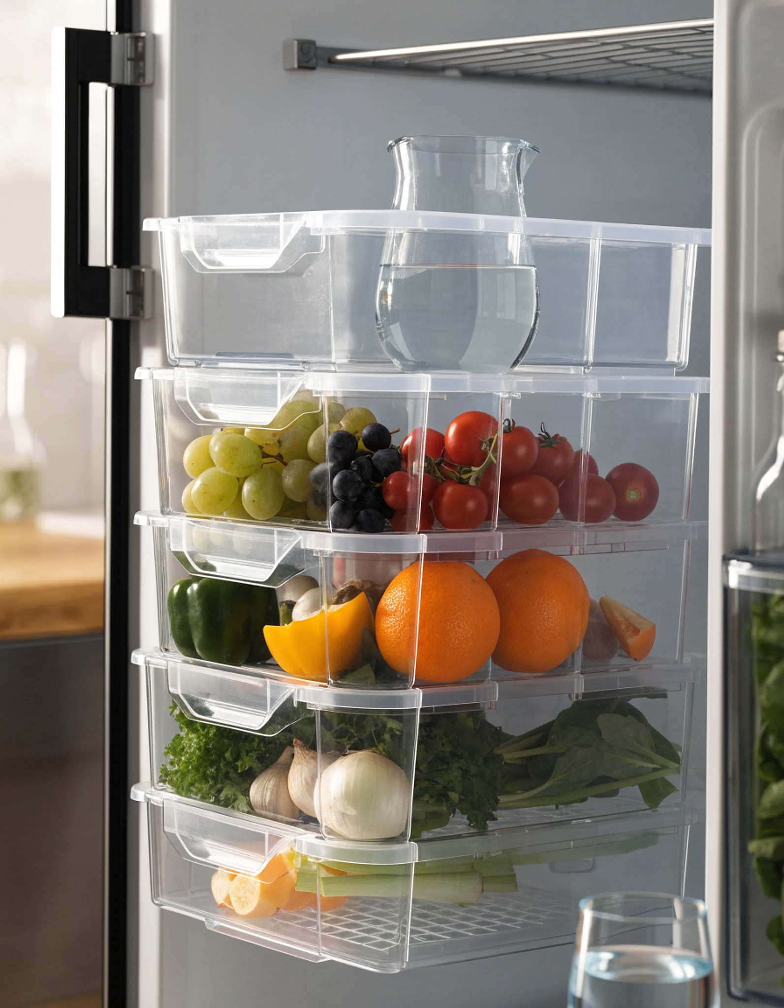 Illustrative visual for 4-Pack Refrigerator Drawer Organizer Bins, Clear Stackable Pull Out Fridge Organizers and Storage Container, Fridge Drawers with Strainer Layer for Fruits, Vegetables and Drinks