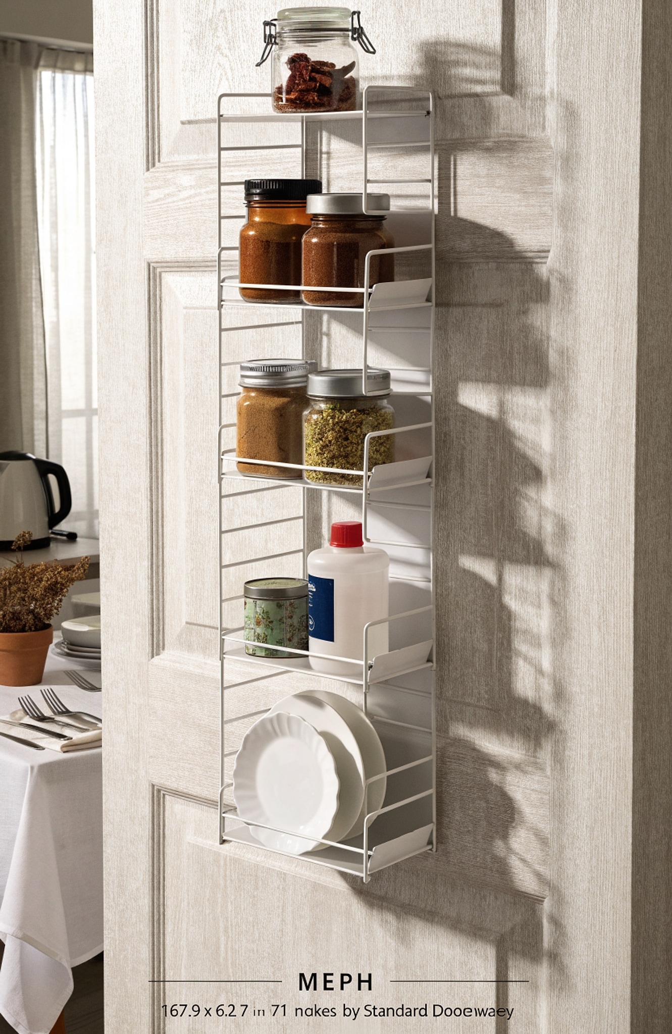 Illustrative visual for SONGMICS 8-Tier Over the Door Pantry Organizer, Adjustable Spice Rack with Anti-Tipping Wire, Wall Mounted Storage, 16.9 x 6.2 x 71.7 Inch, Matte White, UKCS049W101