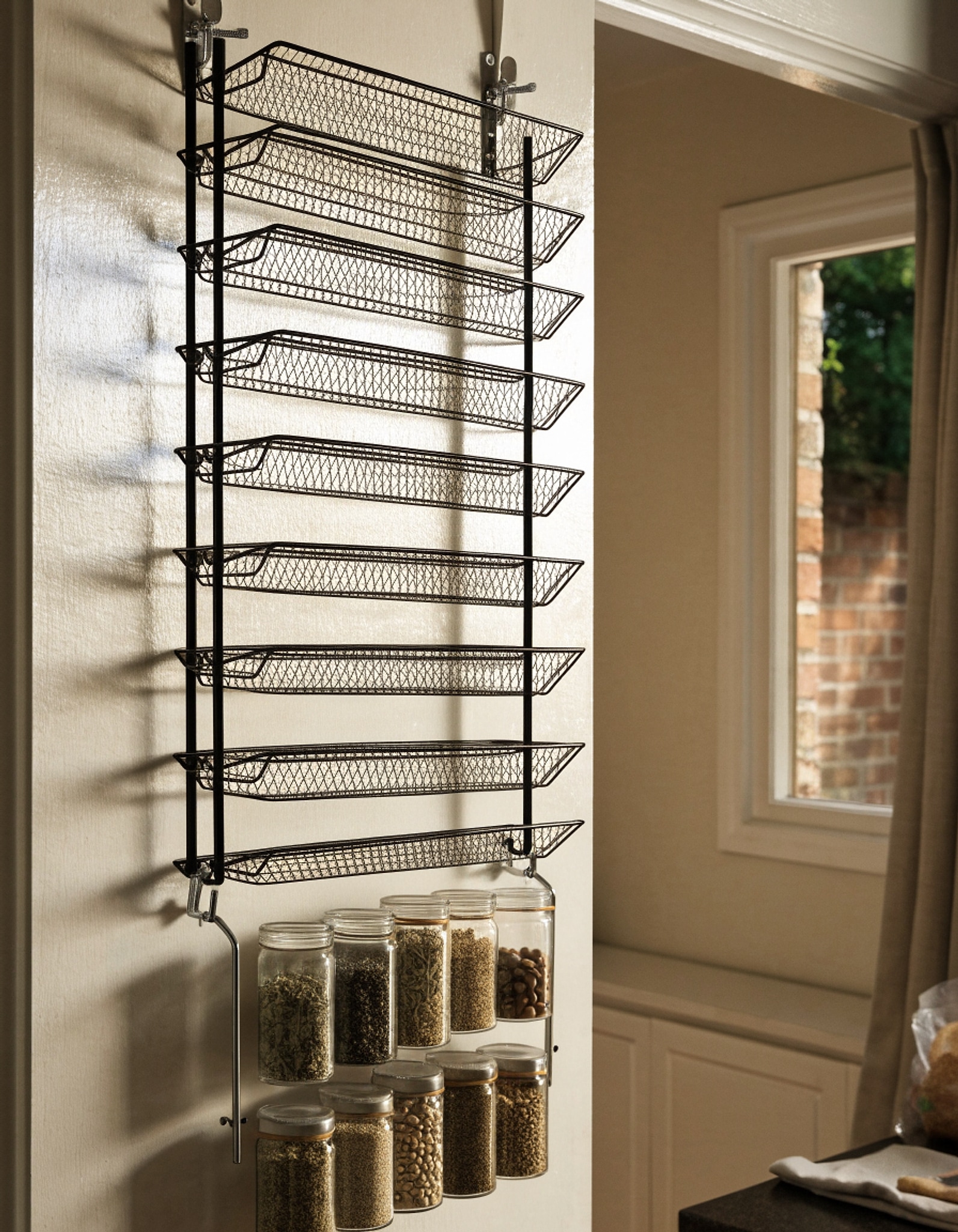 Illustrative visual for Over The Door Pantry Organizer, 8-Tier Over The Door Organizer with Adjustable Baskets, Metal Hanging Spice Rack for Pantry Organizers and Storage, Suitable for Kitchen Laundry Room & Bathroom, Black