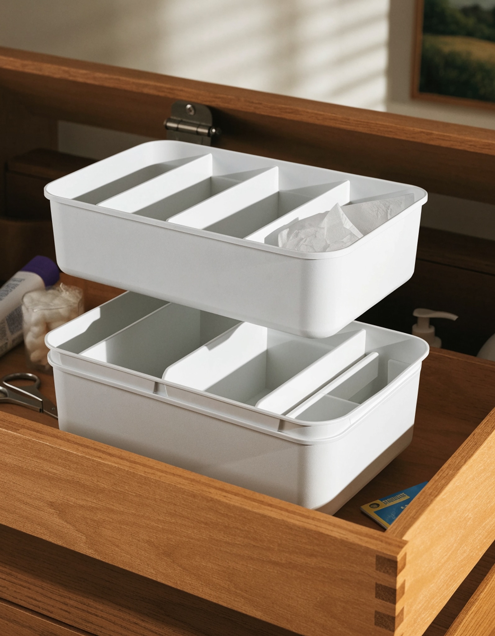 Illustrative visual for Delamu 2-Tier Multi-Purpose Bathroom Under Sink Organizers and Storage, Stackable Kitchen Pantry Organization, Pull Out Medicine Cabinet Organizer with Movable Dividers, White, 2 Pack
