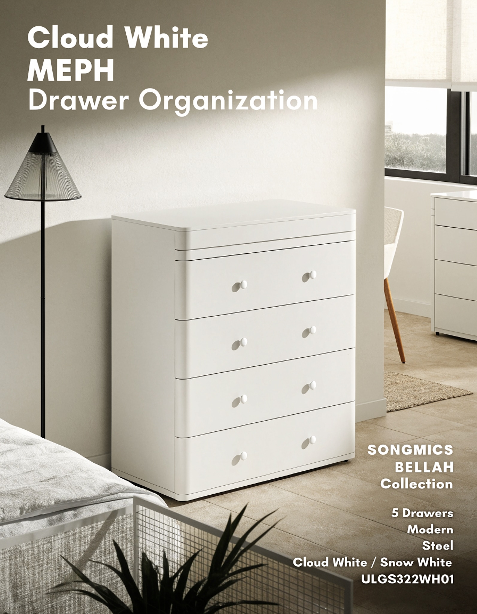Illustrative visual for SONGMICS BELLAH Collection - Dresser for Bedroom, Chest of Drawers, Storage Organizer Unit, Closet, Entryway, Steel, 5 Drawers, Modern, Cloud White and Snow White ULGS322WH01
