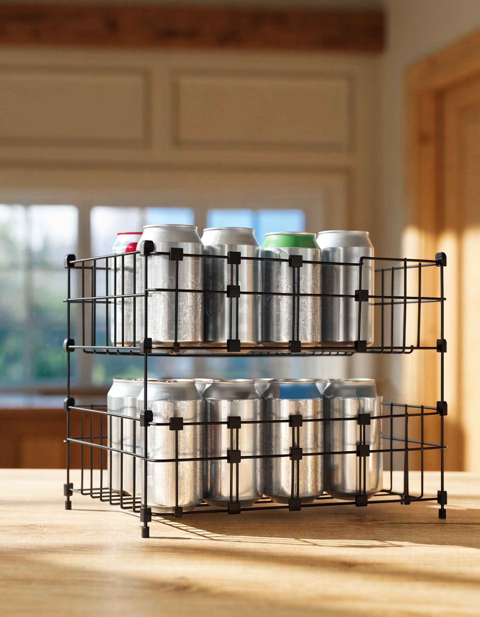 Illustrative visual for JKsmart 2 Pack Stackable Can Rack Organizer for Pantry Storage,Can Dispensers with 4 Adjustable Dividers, 2-Tier Metal Wire Basket Beverage Pop Soda Rack for Kitchen Cabinet Pantry, Black
