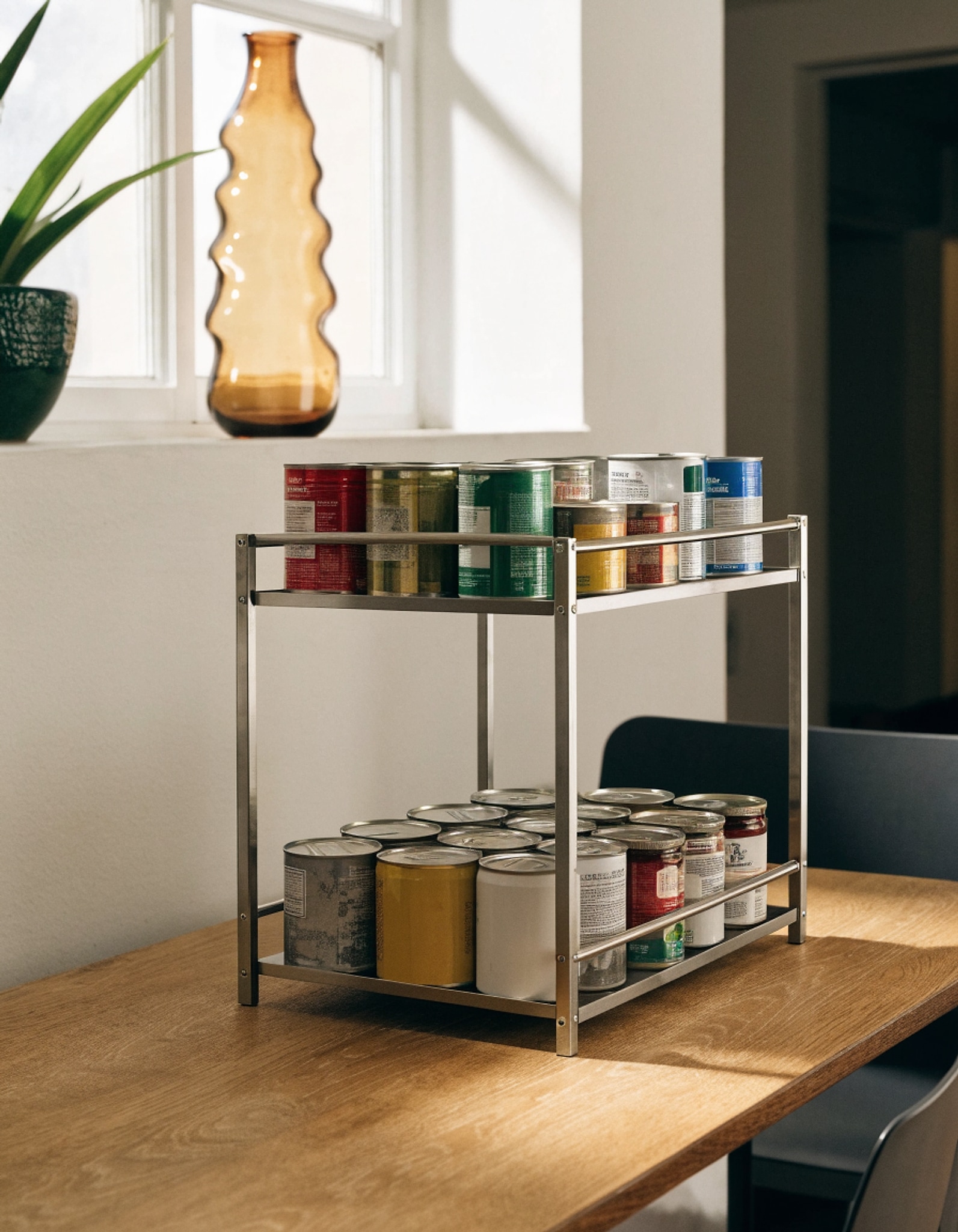 Illustrative visual for Simple Houseware 2 Tier Stackable Can Rack, Silver, 2 Pack