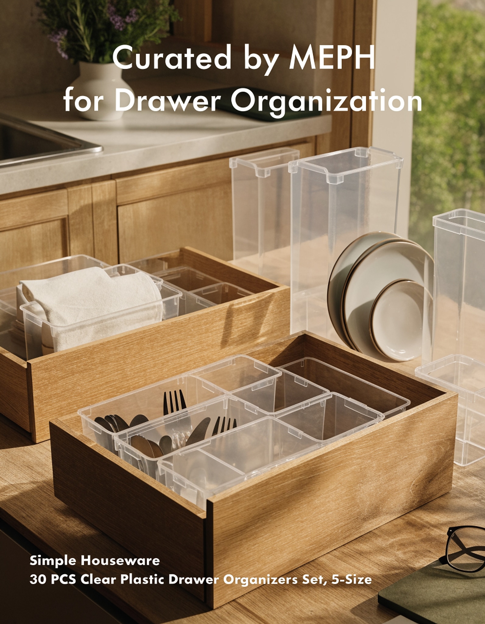 Illustrative visual for Simple Houseware 30 PCS Clear Plastic Drawer Organizers Set, 5-Size