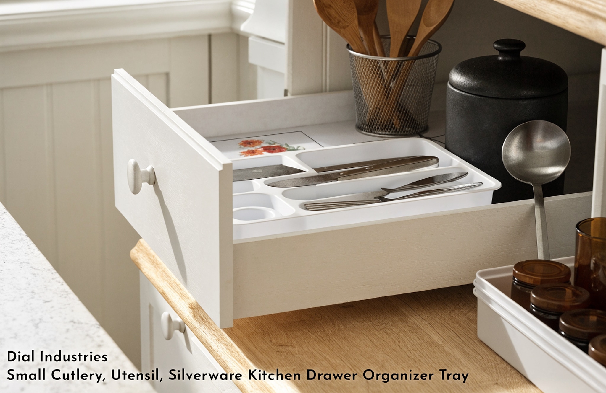 Illustrative visual for Dial Industries Small Cutlery, Utensil, Silverware Kitchen Drawer Organizer Tray, White