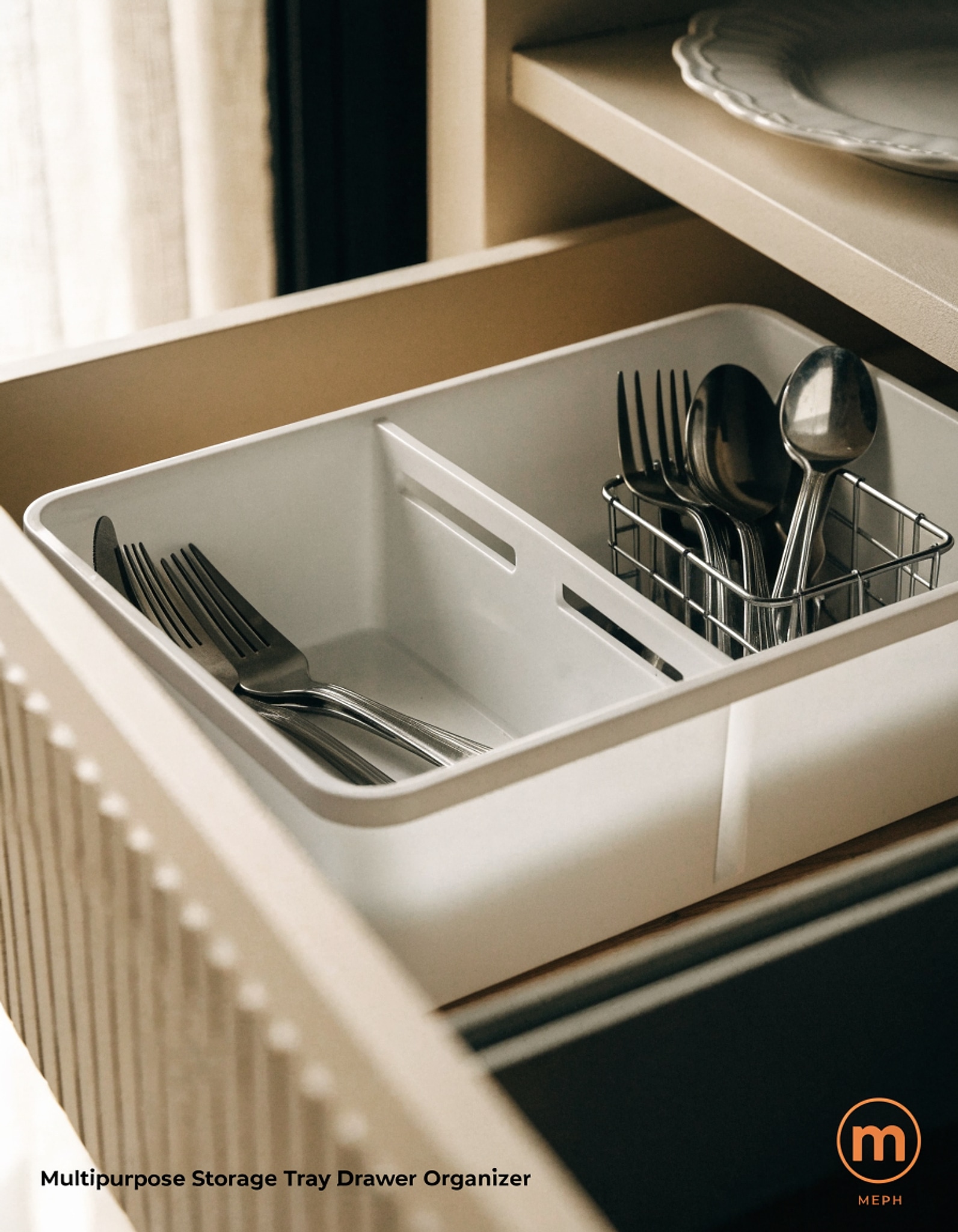 Illustrative visual for Madesmart Mini 2-Compartment Plastic Utensil Tray for Drawers, Multipurpose Storage Tray Drawer Organizer, White