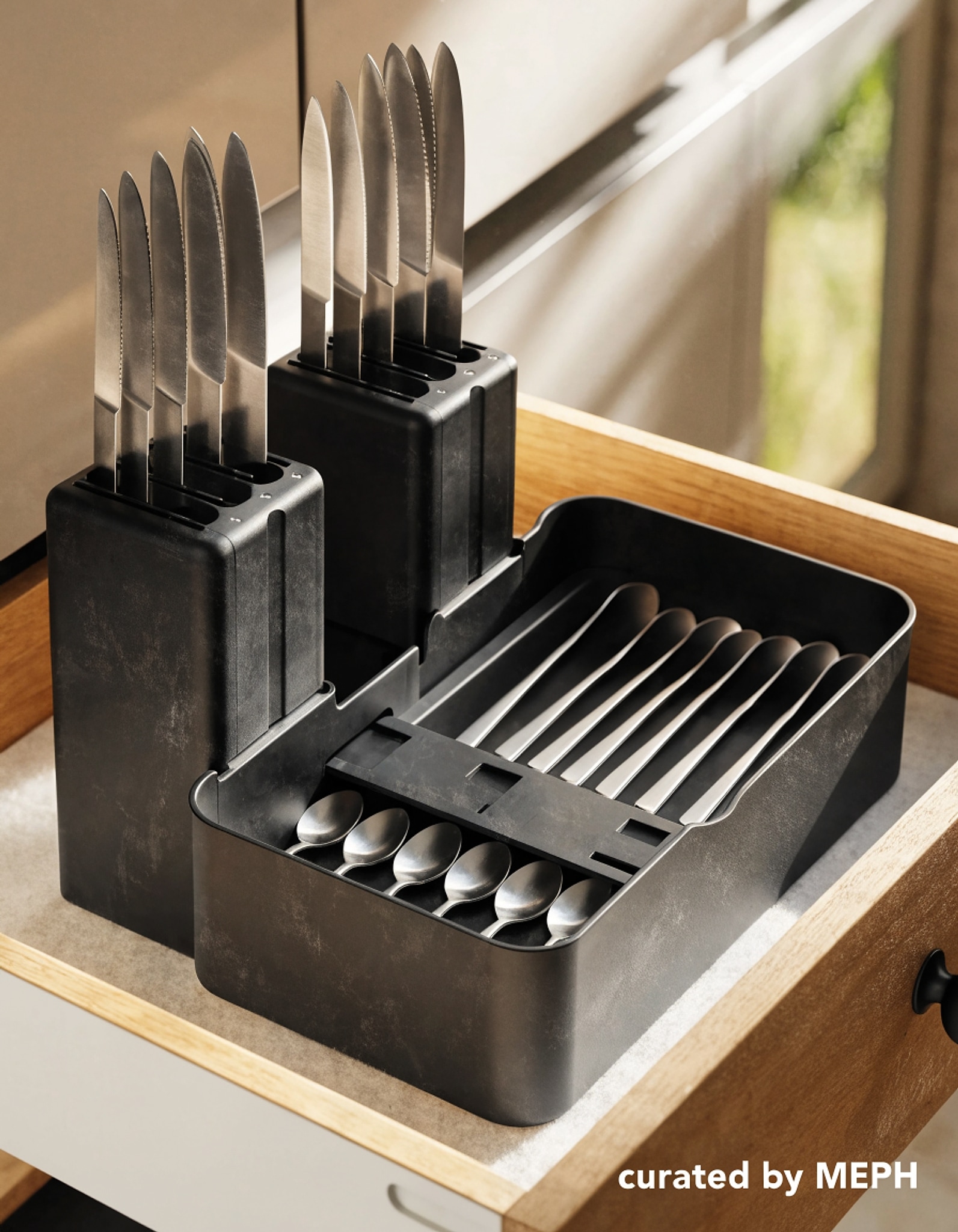 Illustrative visual for Ceecysaa Cutlery Organizer with 2 Removable Knife Blocks, Expandable Utensil Tray,Adjustable Cutlery Tray Drawer Organizer for Spoons, Knives, Kitchen Organizers and Storage,ABS,Black(6-9 Slots)