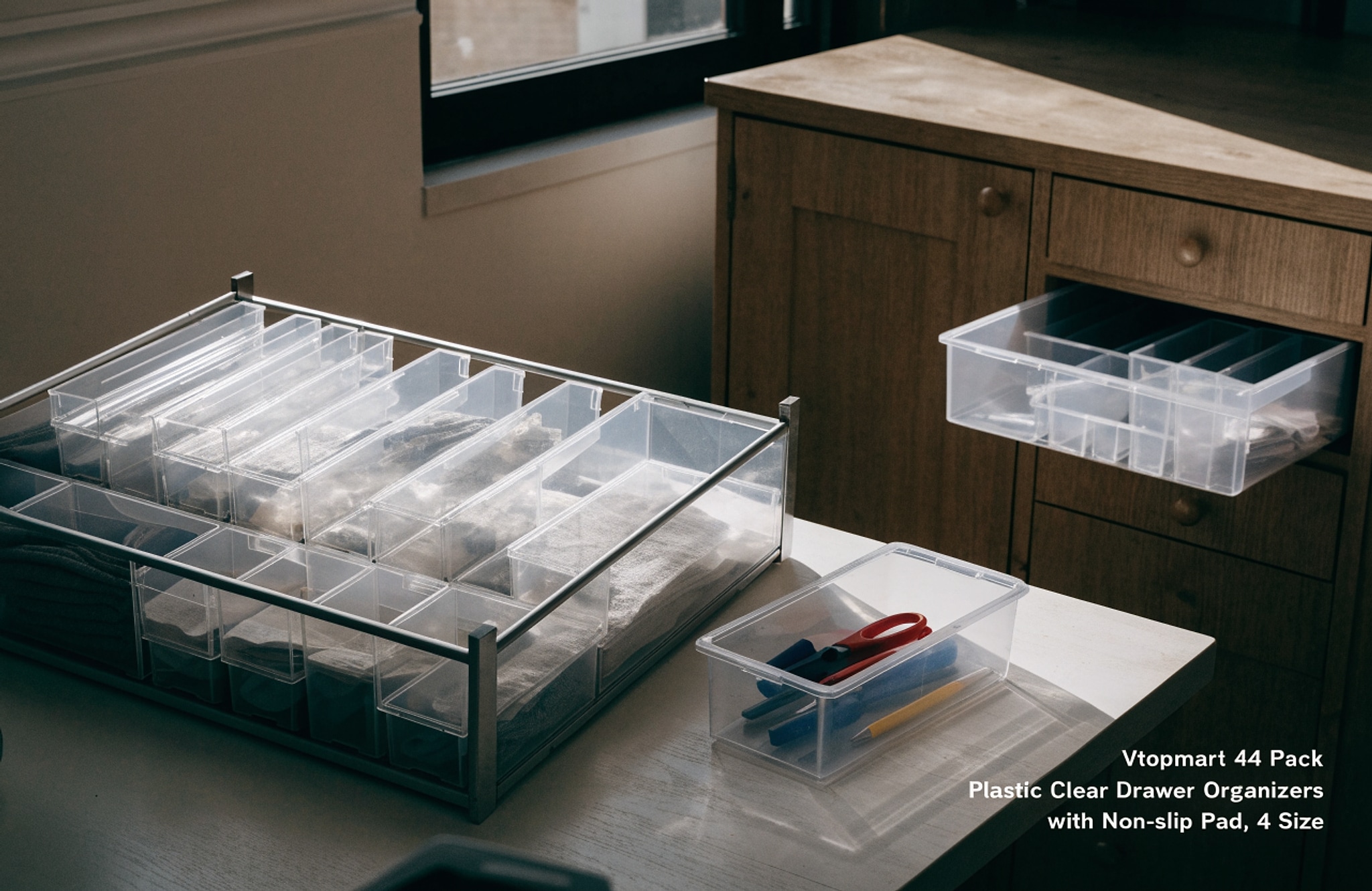Illustrative visual for Vtopmart 44 Pack Plastic Clear Drawer Organizers with Non-slip Pads, 4 Size