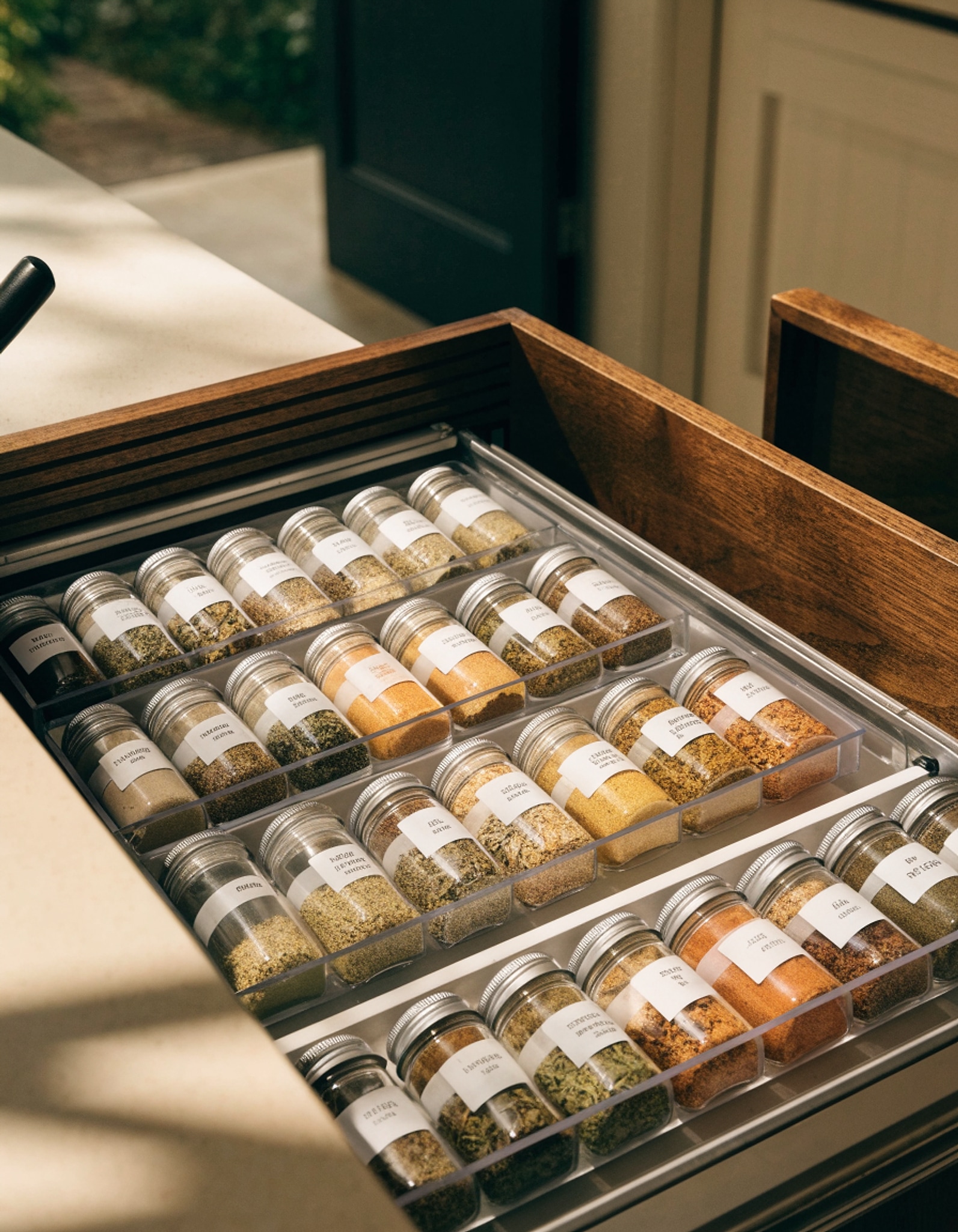 Illustrative visual for SpaceAid Spice Drawer Organizer with 28 Spice Jars, 386 Spice Labels, 4 Tier Seasoning Rack Tray Insert for Kitchen Drawers, 13" Wide x 17.5" Deep