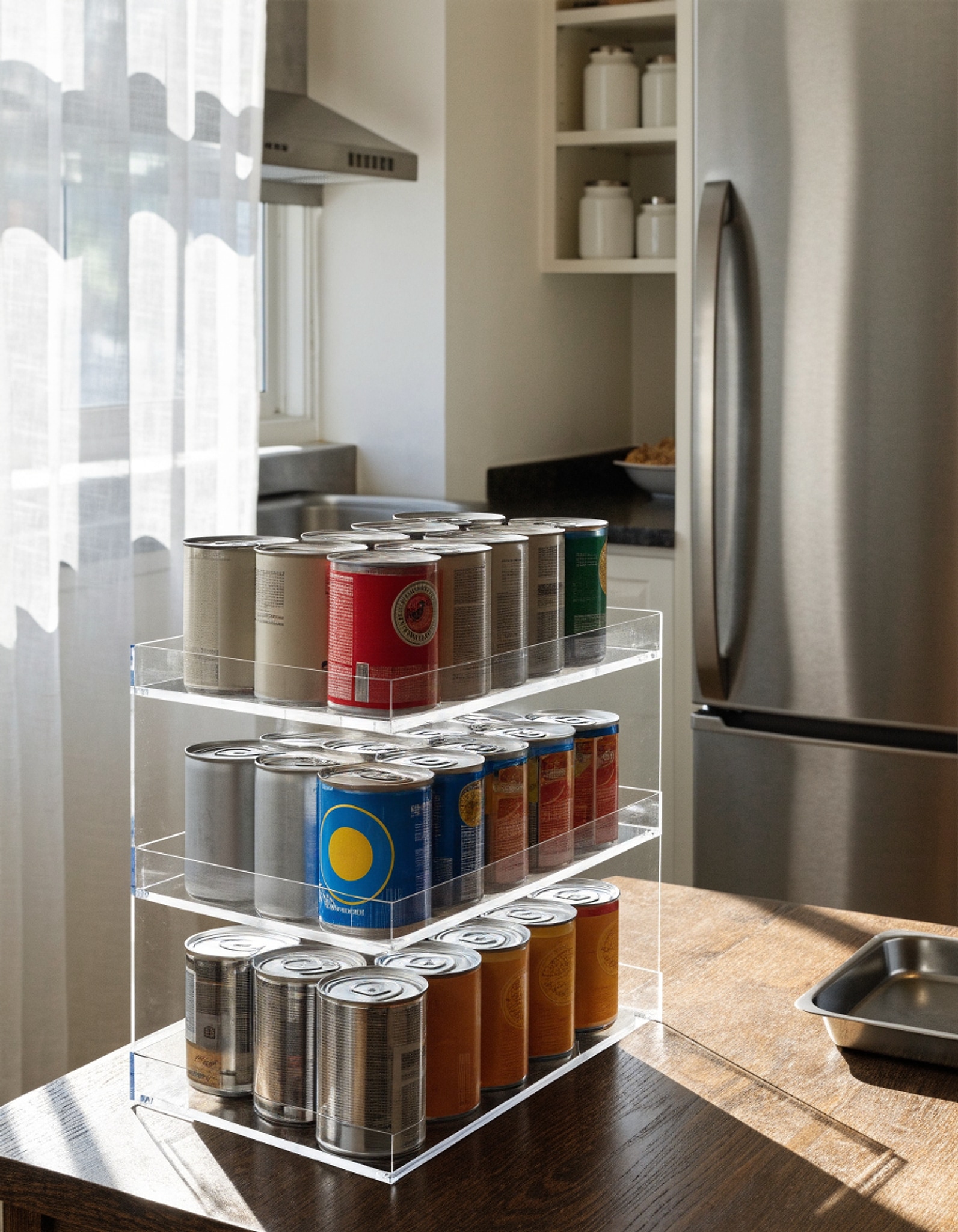 Illustrative visual for Storage Can Rack Organizer, Stackable Can Organizer Holds Upto 36 Cans for Kitchen Cabinet or Pantry (CLear 3 Tier)