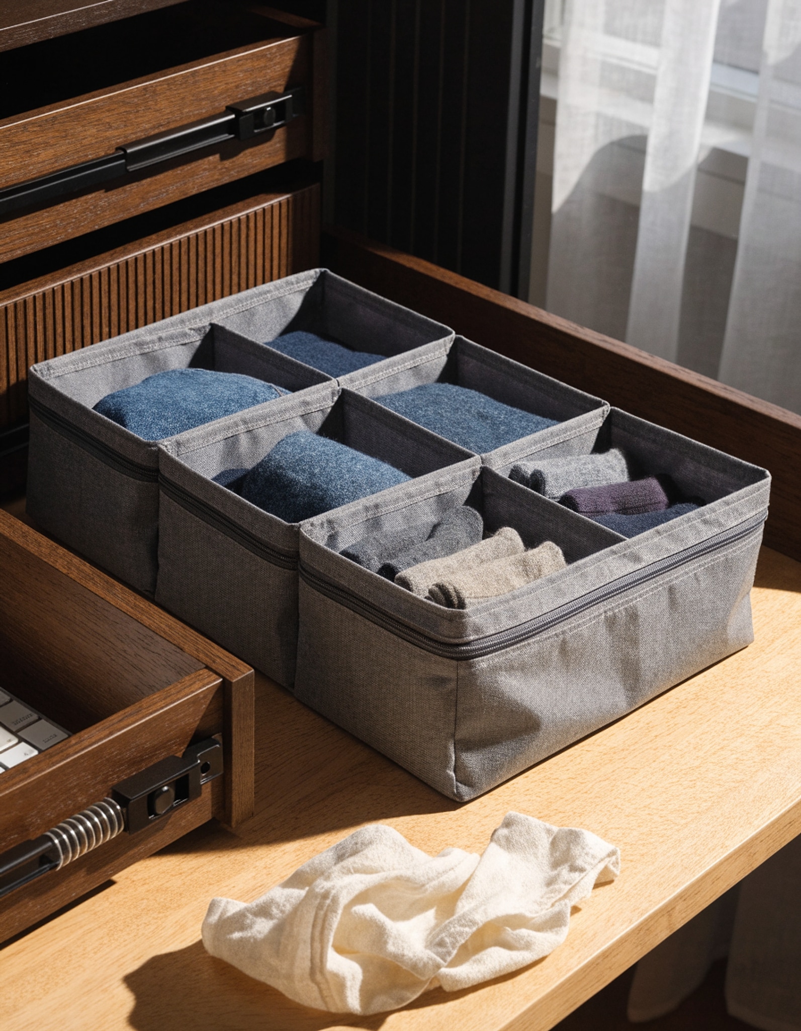 Illustrative visual for Bructhun Sock Drawer Organizer 3 Pack - Collapsible Fabric Storage Bins for Underwear Divider, Small Closet Organizers with 3 Compartments, Gray