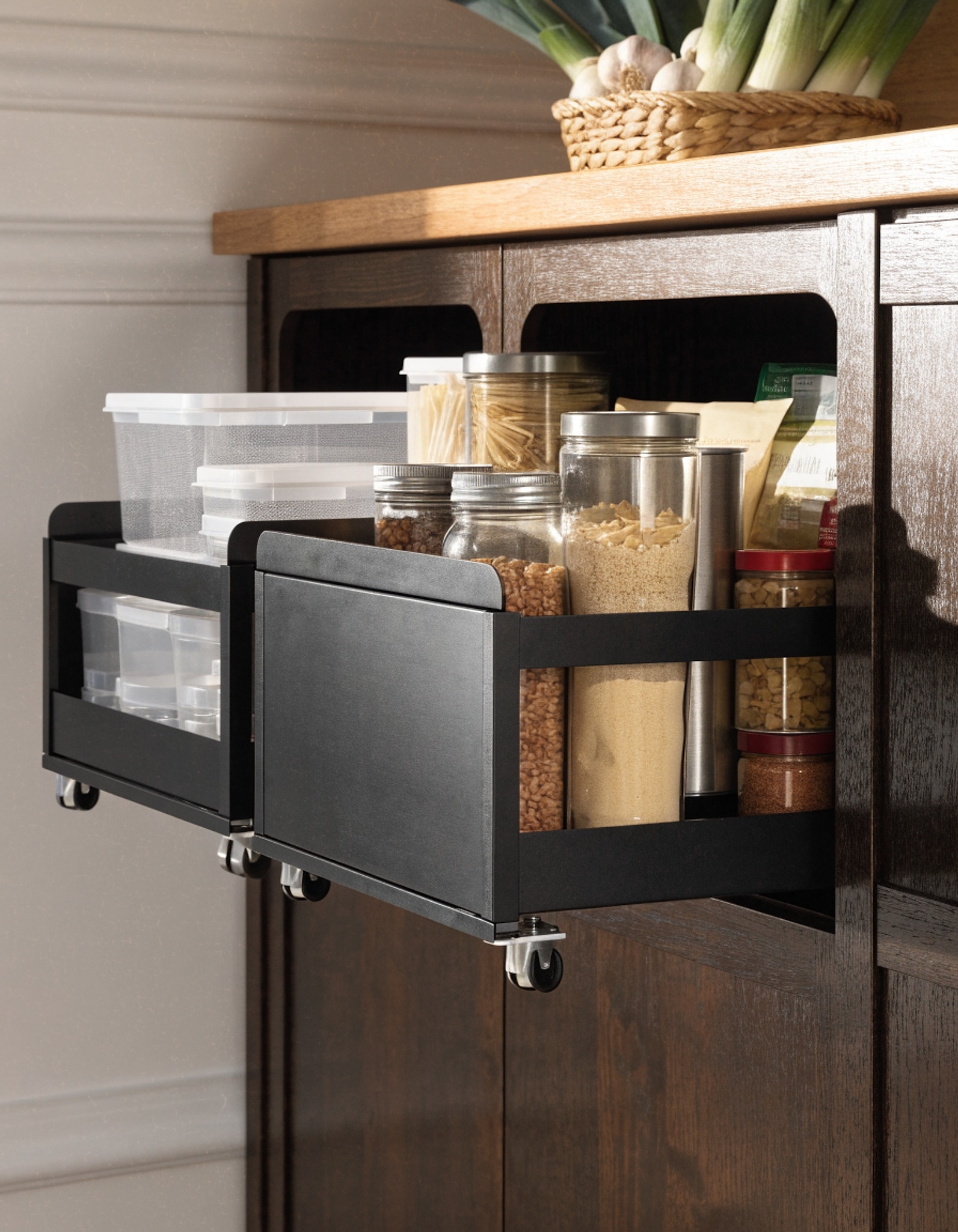 Illustrative visual for 2 Pack Pull Out Cabinet Organizer, Slide Out Drawer Organizer for Pantry