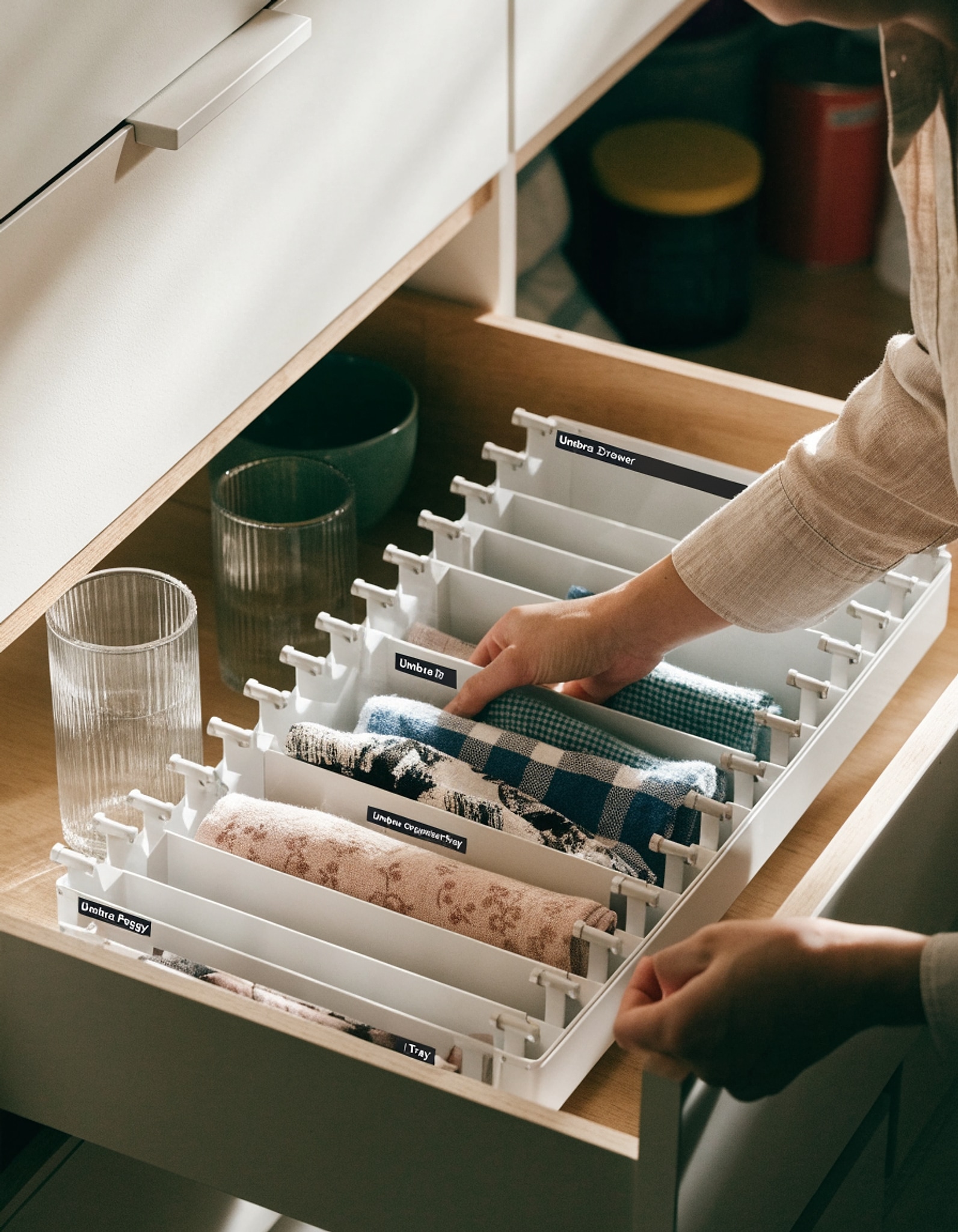 Illustrative visual for Umbra Peggy Drawer Organizer Tray, Adjustable Peg System, Medium, White