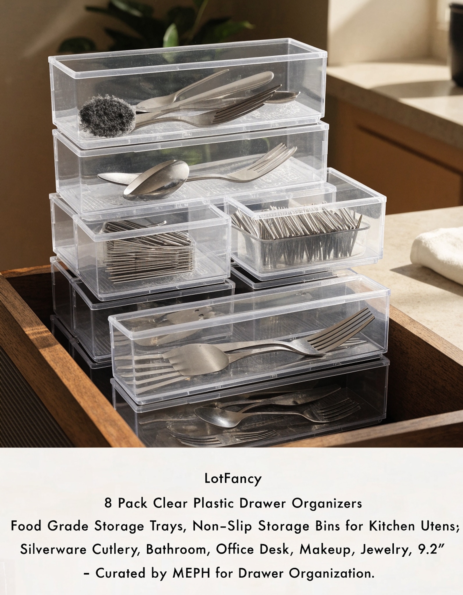 Illustrative visual for LotFancy 8 Pack Clear Plastic Drawer Organizers, Food Grade Storage Trays, Non-Slip Storage Bins for Kitchen Utensil, Silverware Cutlery, Bathroom, Office Desk, Makeup, Jewelry, 9.2''×3''×2''