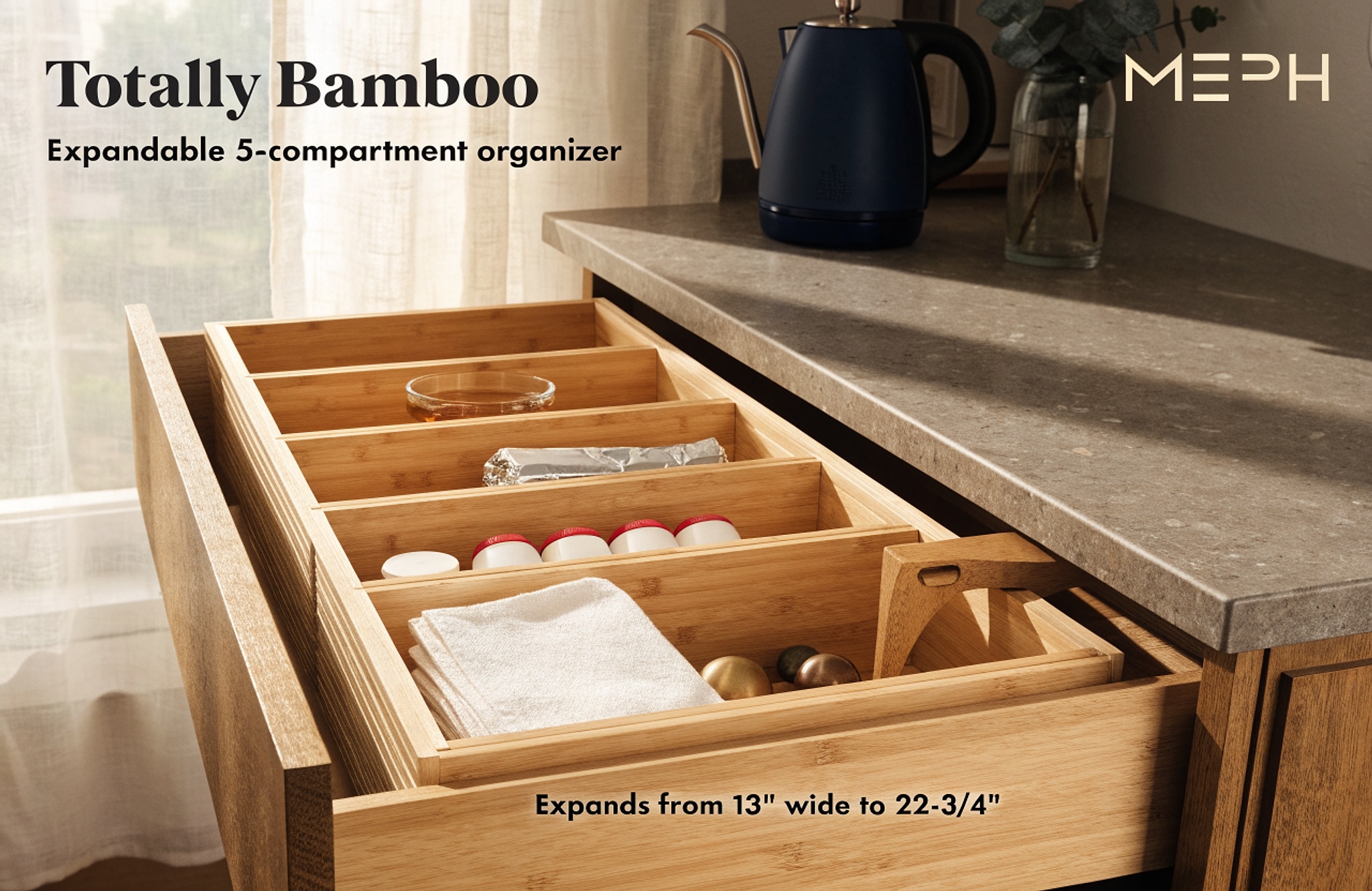 Illustrative visual for Totally Bamboo Expandable 5-Compartment Drawer Organizer, Expands from 13 to 22-3/4" Wide