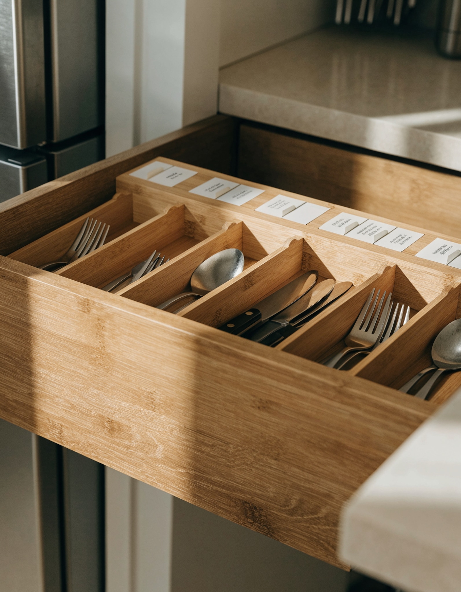 Illustrative visual for SpaceAid Bamboo Silverware Drawer Organizer with Labels, Kitchen Utensil Tray Holder Organizer for Flatware, Cutlery, Spoon and Knives Drawer Storage Organization (Natural, 6 Slots)