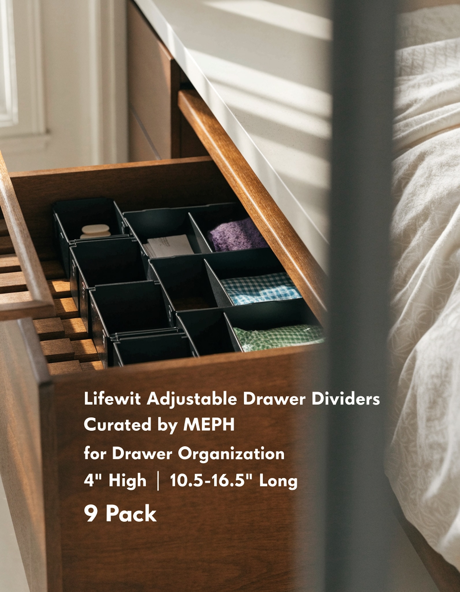 Illustrative visual for Lifewit Adjustable Drawer Dividers, 4" High 10.5-16.5" Long, 9 Pack