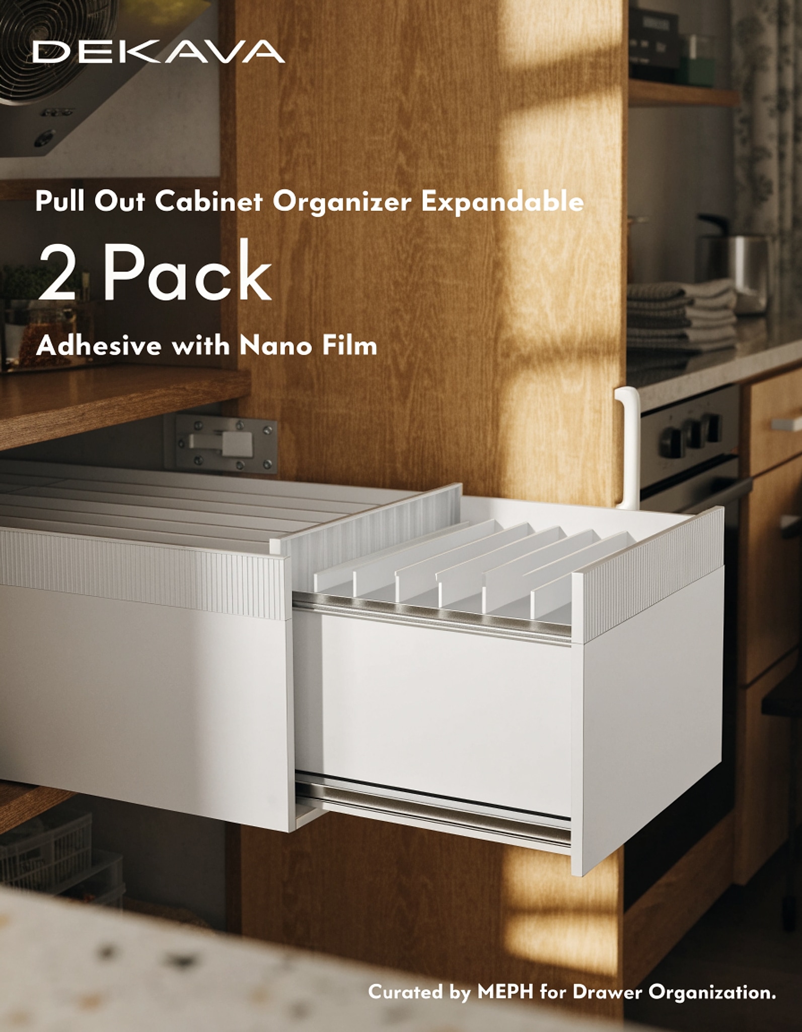 Illustrative visual for DEKAVA Pull Out Cabinet Organizer Expandable 2 pack, Adhesive with Nano Film, Pull Out Drawers for Cabinets in Kitchen, Pantry or Bathroom (White, 21" DEEPX[12"-20''] Width-2PACK)
