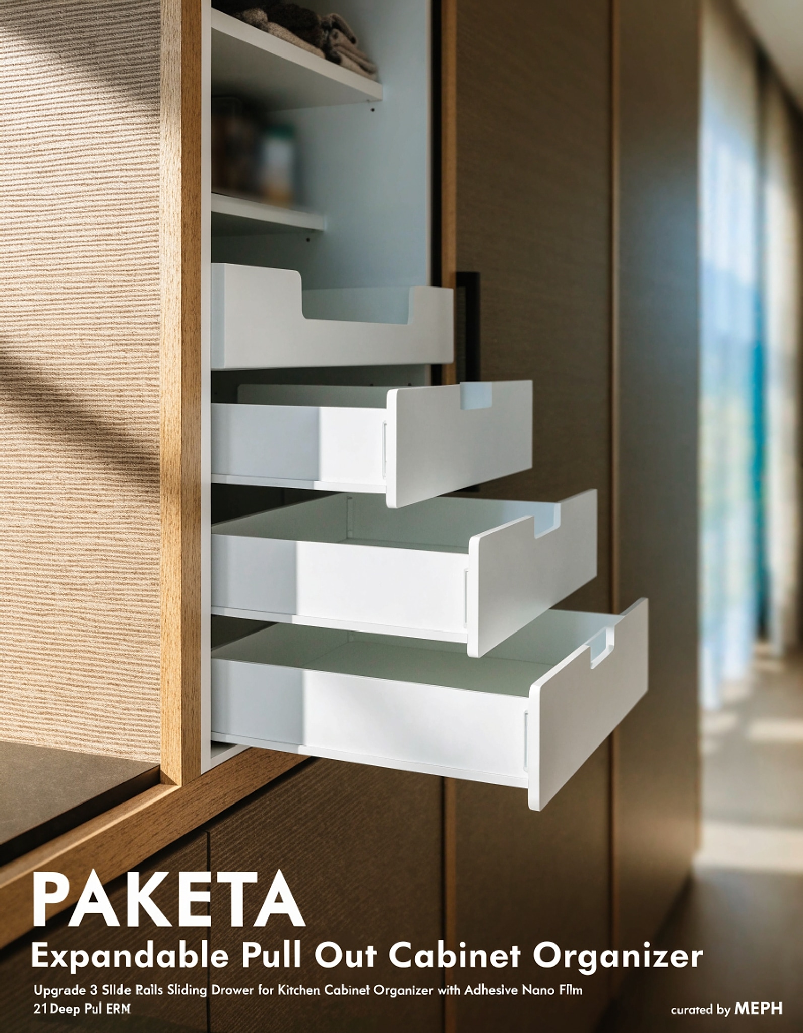 Illustrative visual for PAKETA 4 Pack Expandable Pull Out Cabinet Organizer, 21'' Deep Pull Out Drawers for Cabinets,Upgrade 3 Slide Rails Sliding Drawer for Kitchen Cabinet Organizer with Adhesive Nano Film (White)