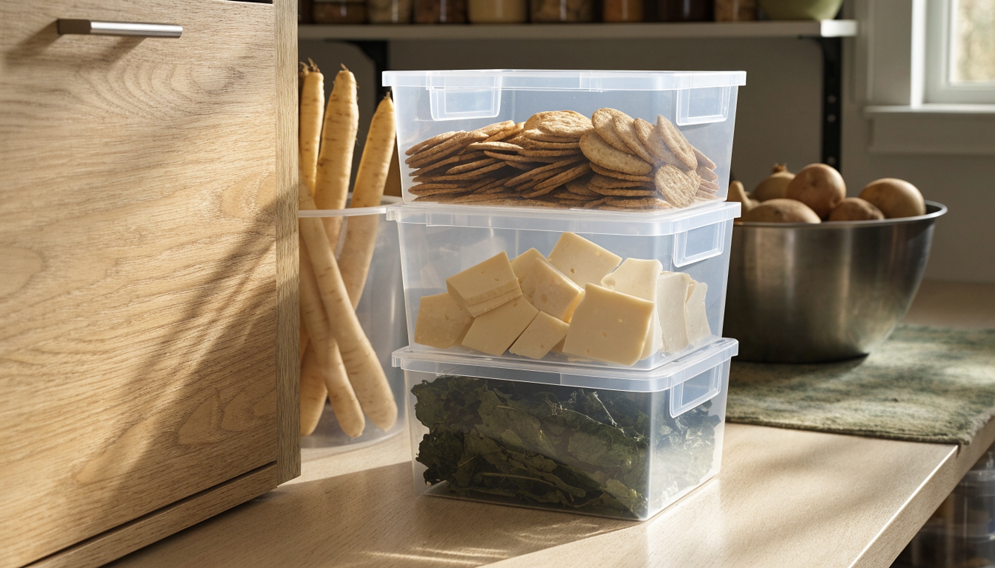 Illustrative visual for Simple Houseware 4 Pcs Pantry Clear Bin Storage Organizer (14"x7"x3.75")