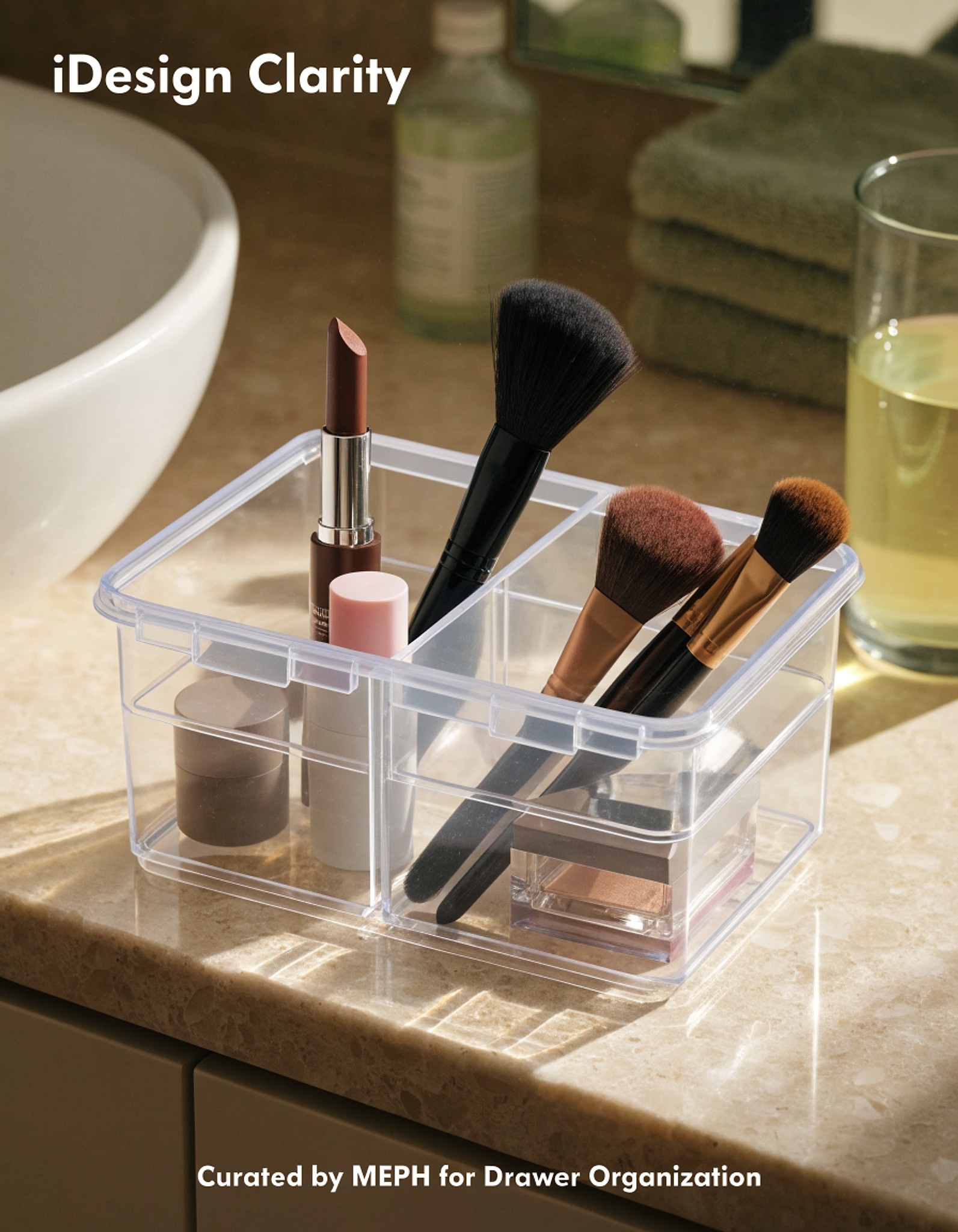Illustrative visual for iDesign Clarity Plastic Drawer Organizer, Storage Container for Cosmetics, Makeup, and Accessories on Vanity, Countertop, Bathroom, or Cabinet, 8" x 4" x 2", Clear