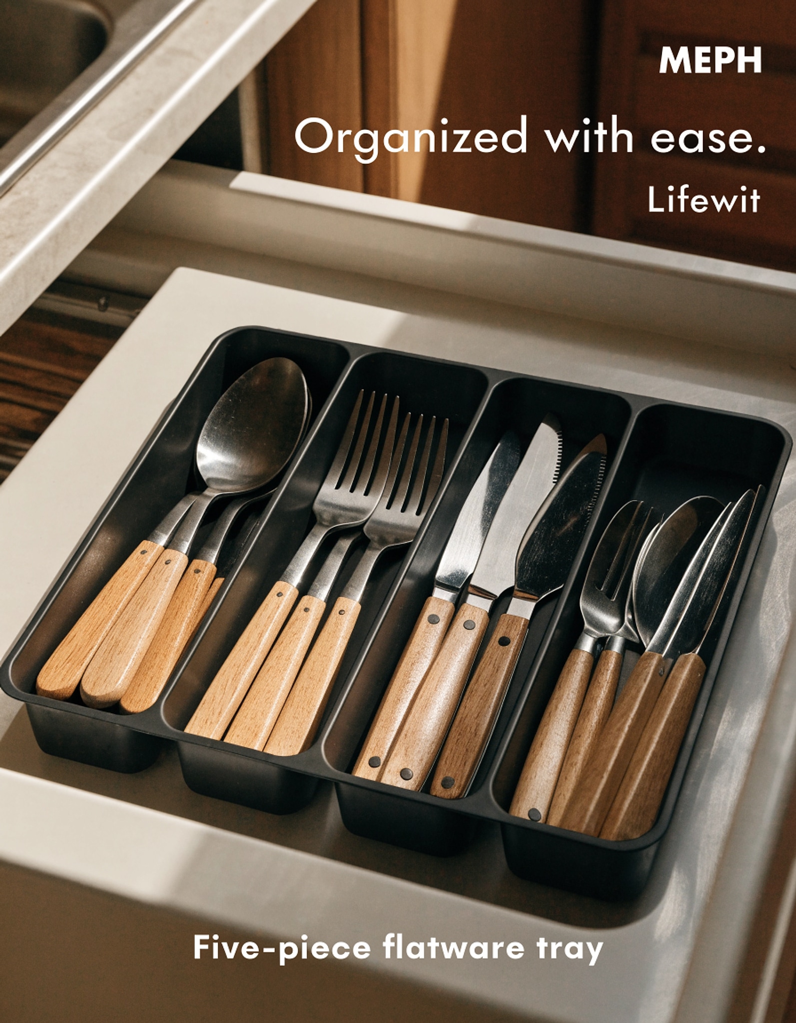 Illustrative visual for Lifewit Silverware Drawer Organizer Tray, Plastic Cutlery Organizer for Kitchen Drawer, Flatware and Utensil Holder Divider for Spoons Forks Knives Tableware, 5 Compartment, Black