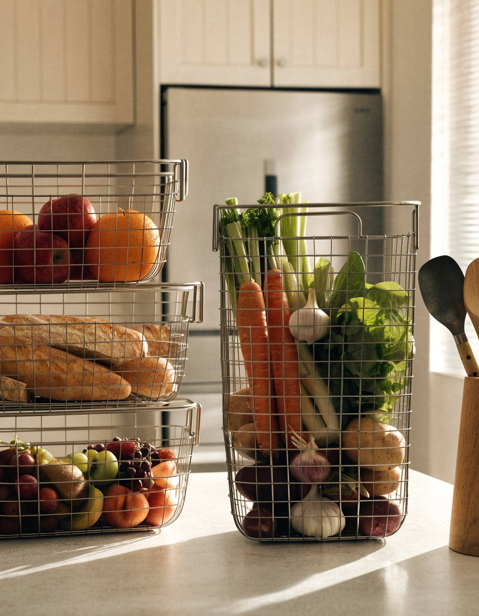 Illustrative visual for Jakyitvi 4 Pack XXL Stackable Wire Storage Basket, Extra Large Capacity Pantry Organizer and Storage, Muti-Purpose for Fruit Vegetable Basket & Toy Bin & Snack Organizer