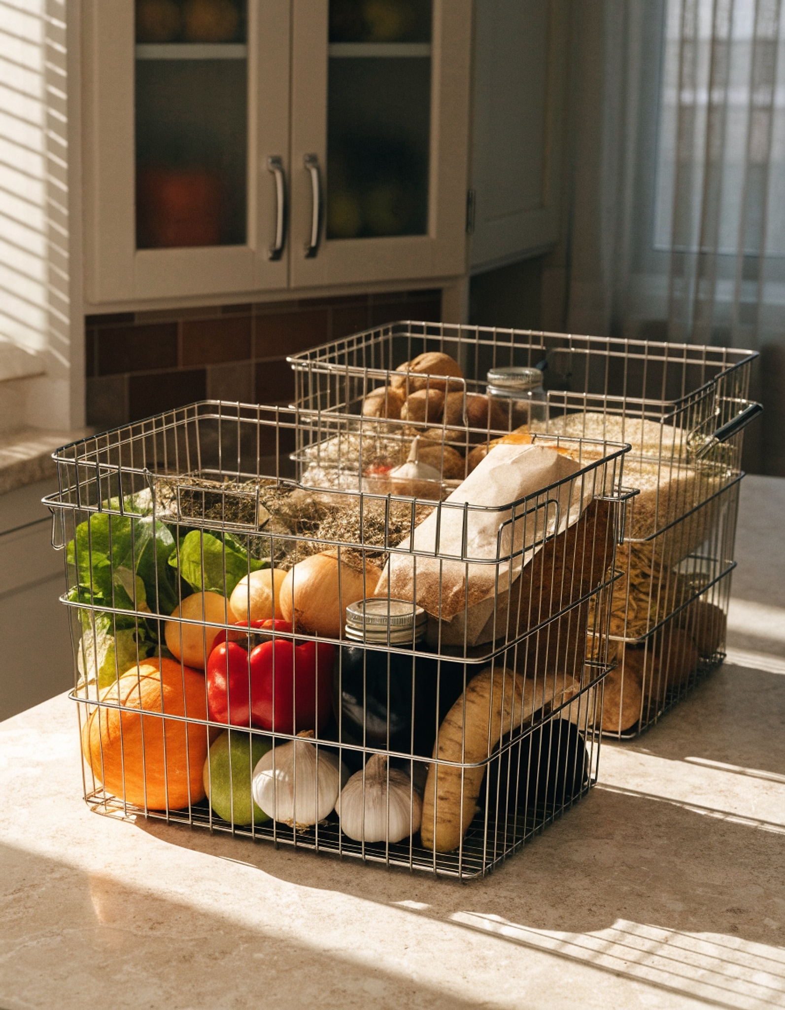 Illustrative visual for 2 Set Stackable Wire Basket with Openable Top, Kitchen Counter, Pantry Organizer and Storage Produce Onion Potato Fruits Vegs Bread Food Snack Spice Organizing Bin for Cabinet Shelf Countertop Floor