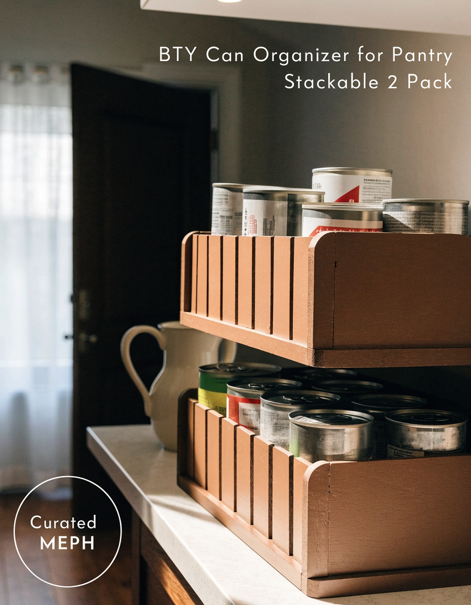 Illustrative visual for BTY Can Organizer for Pantry Stackable 2 Pack, Can Storage Organizer Rack Stacking Can Dispensers Small Space Holds up to 36 Cans for Pantry, Kitchen, Cabinet- Brown