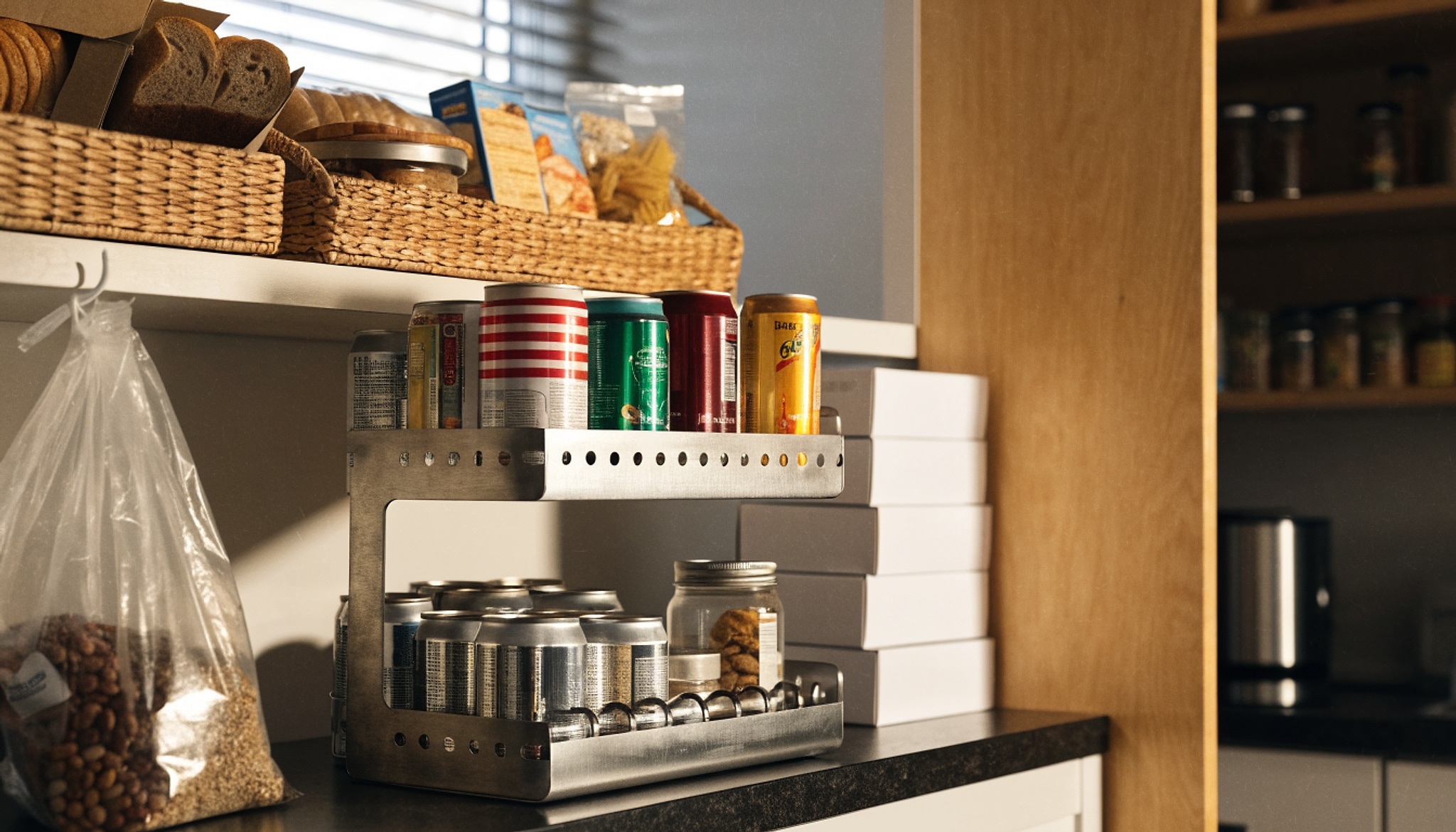 Illustrative visual for 2-Pack Stackable Can Rack Organizer, Storage for Kitchen Pantry Cabinet, Holders for Food, Multifunctional Dispenser for Snacks Soda