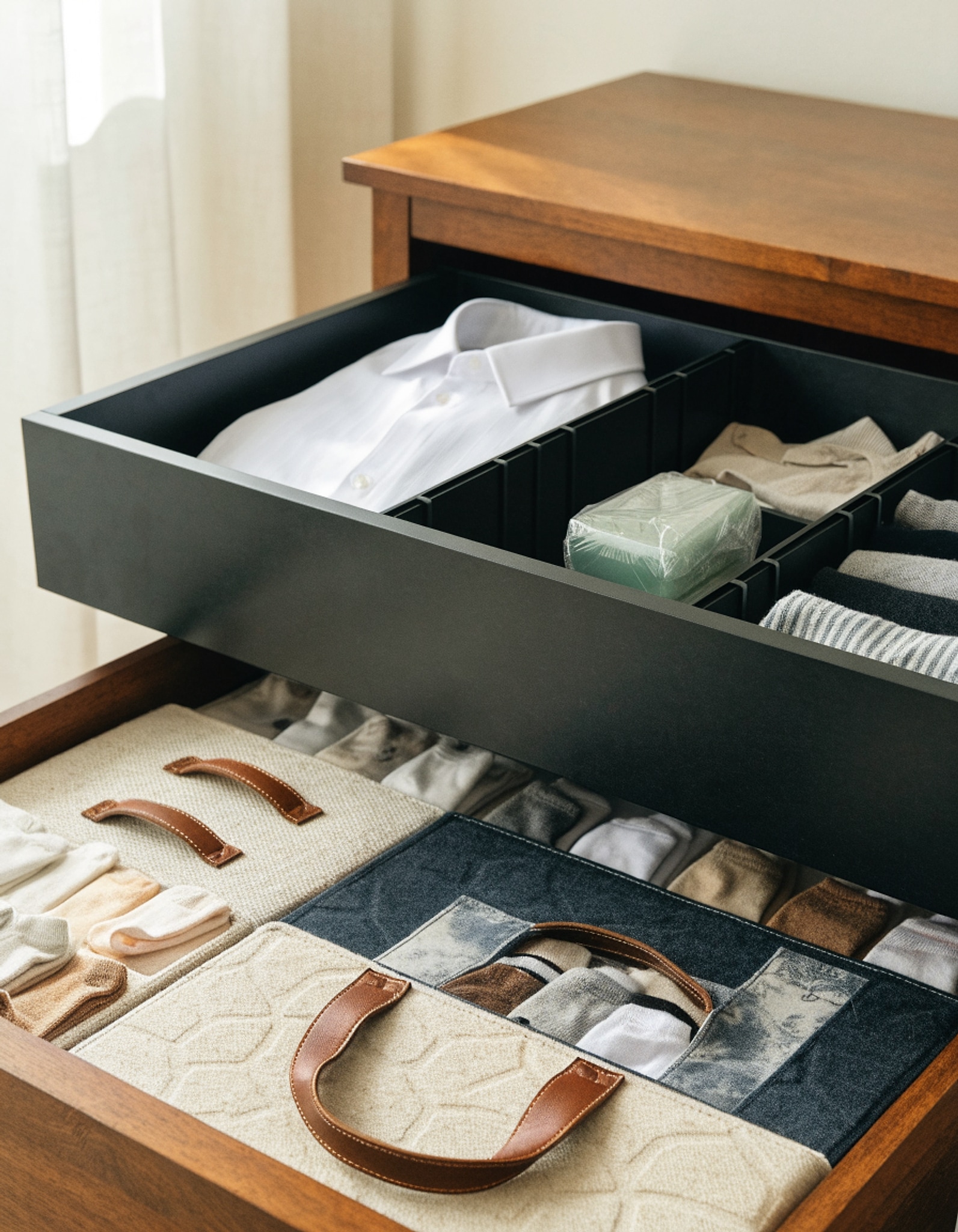 Illustrative visual for Drawer Organizer, Dresser Organizer for Clothes, Foldable Underwear Storage Bins with Leather Handles, Washable Fabric Closet Dividers for Baby Clothes and Socks, Sturdy Reinforced PP Board, 12 Pack